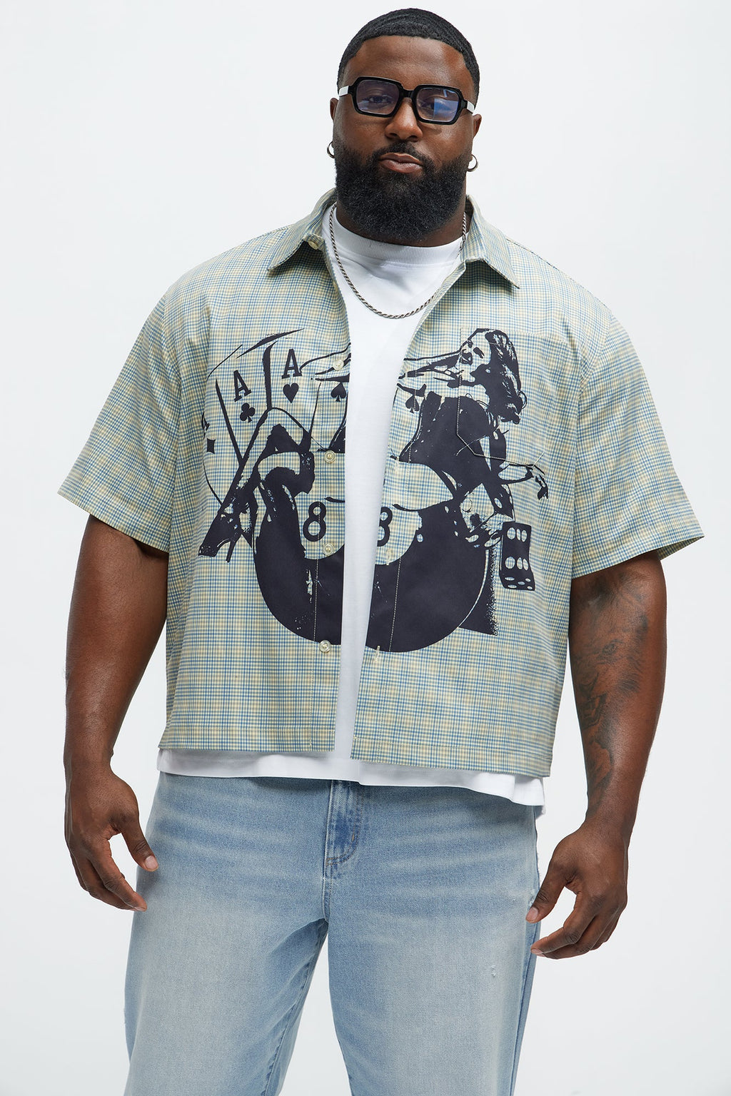 Cropped Pin Up Graphic Button Up Shirt - Green/combo