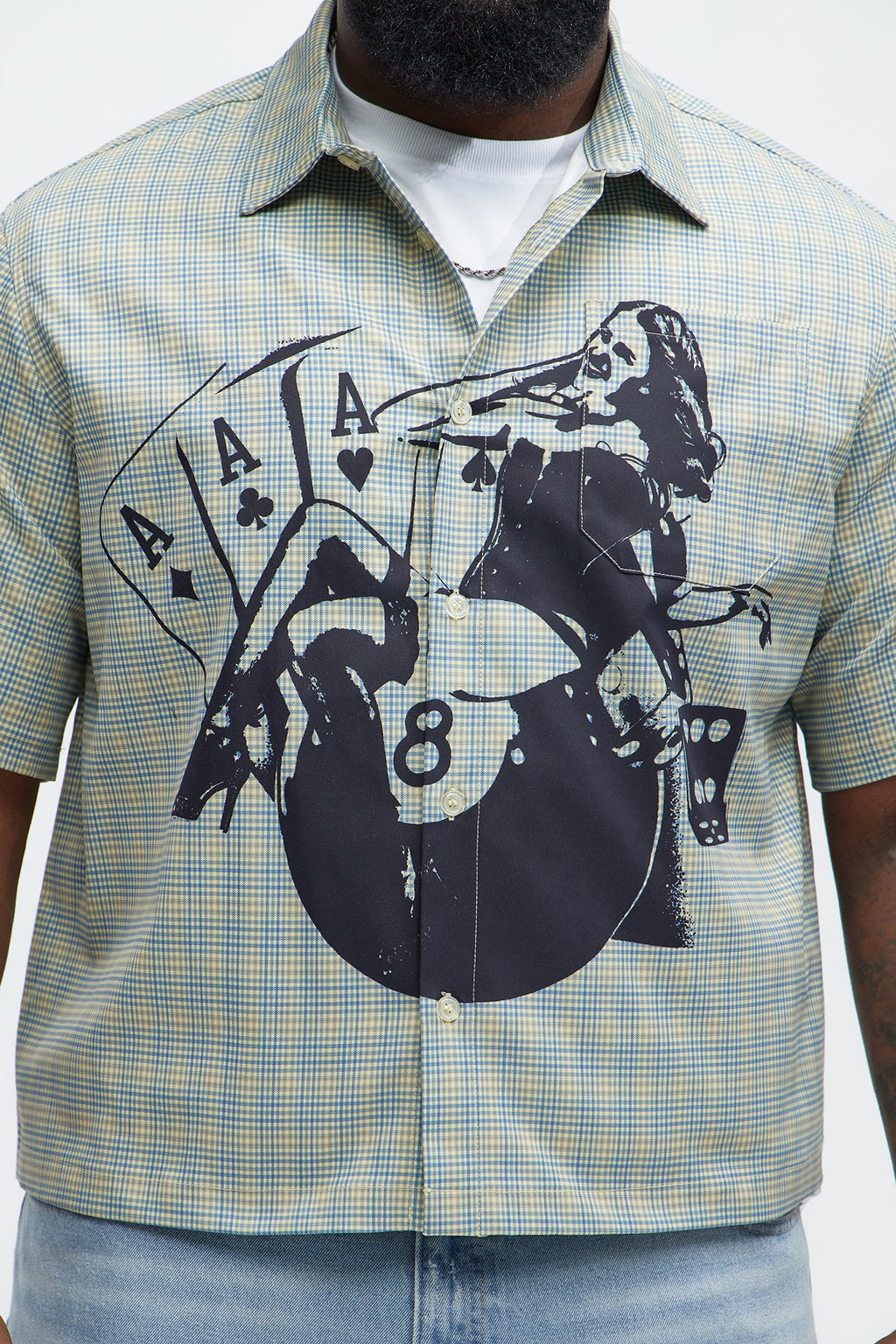 Cropped Pin Up Graphic Button Up Shirt - Green/combo