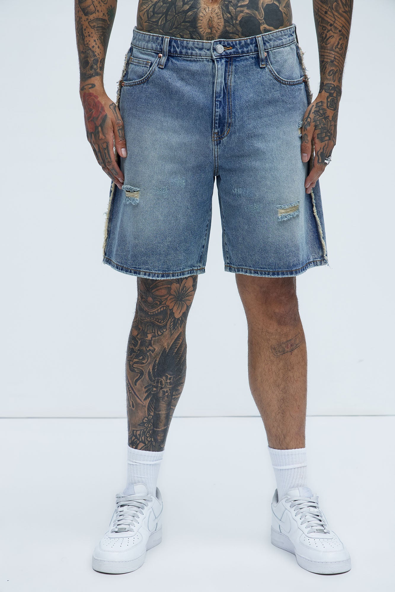 Trust Me Frayed Relaxed Denim Shorts - Light Blue Wash