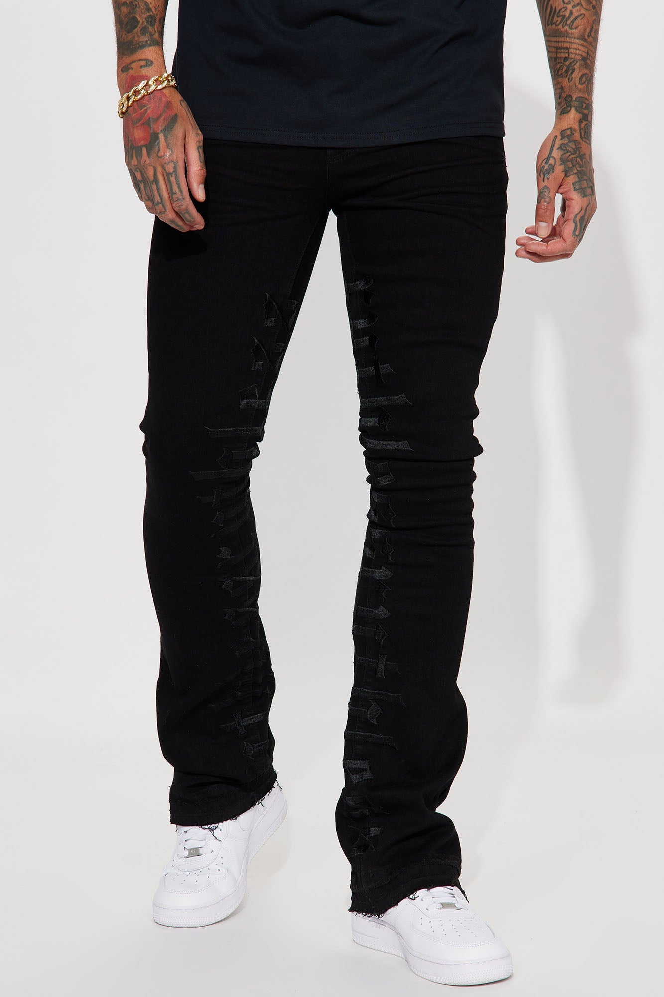 Ruthless Embroidered Stacked Skinny Flare Jeans - Black