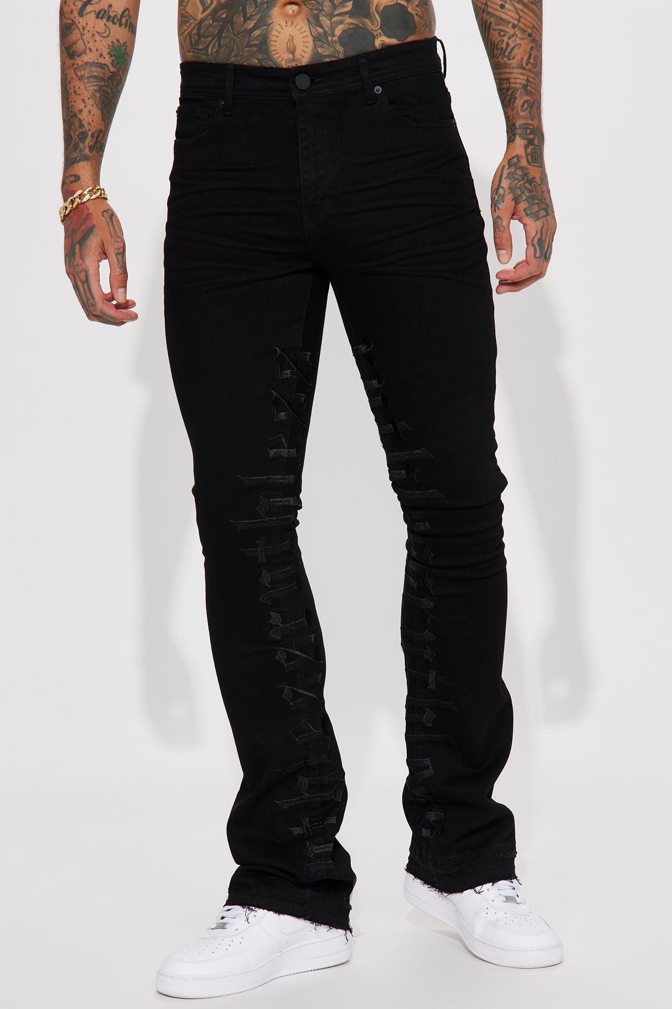 Ruthless Embroidered Stacked Skinny Flare Jeans - Black