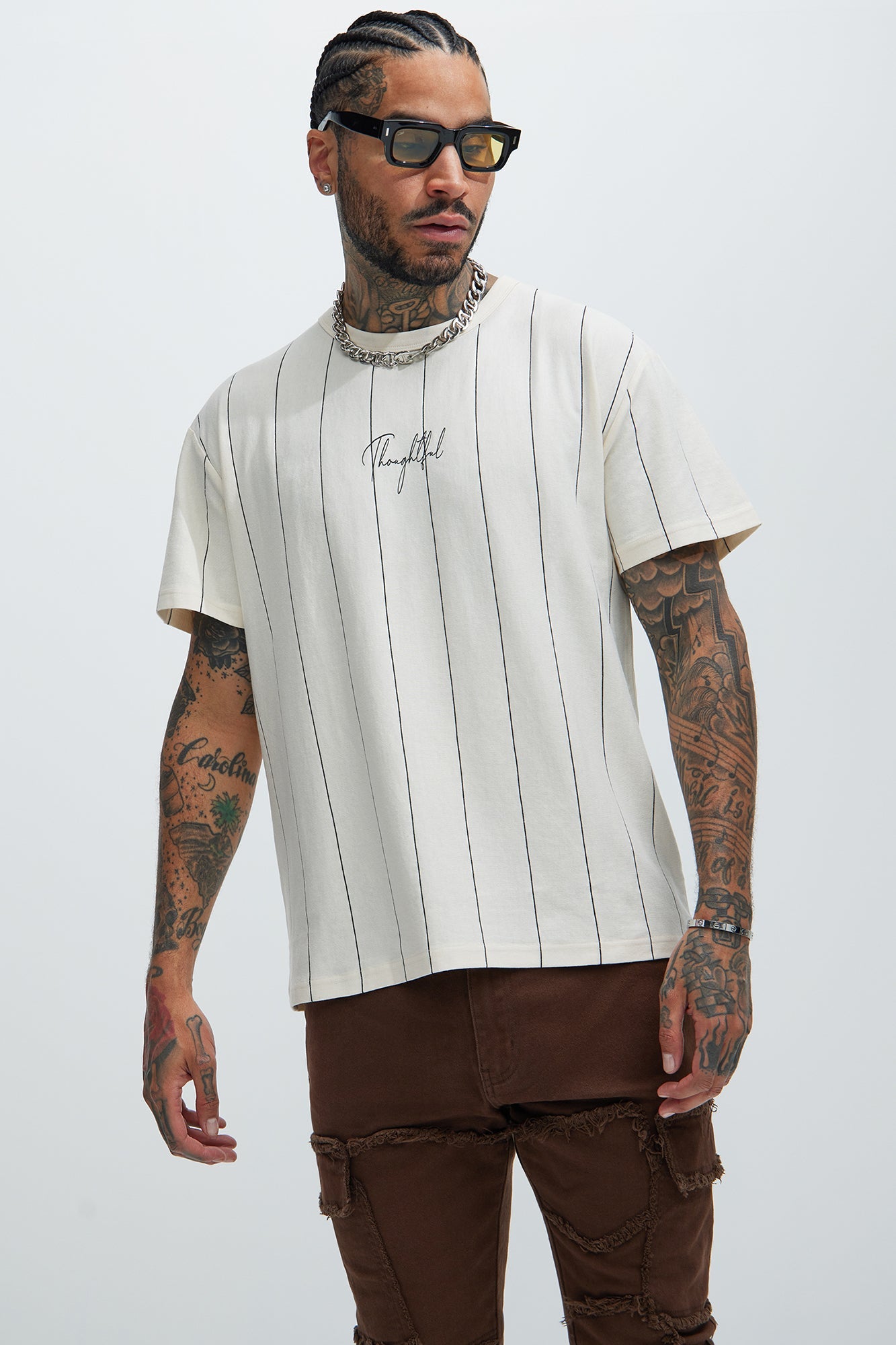 Vertical Striped Short Sleeve Tee - Off White