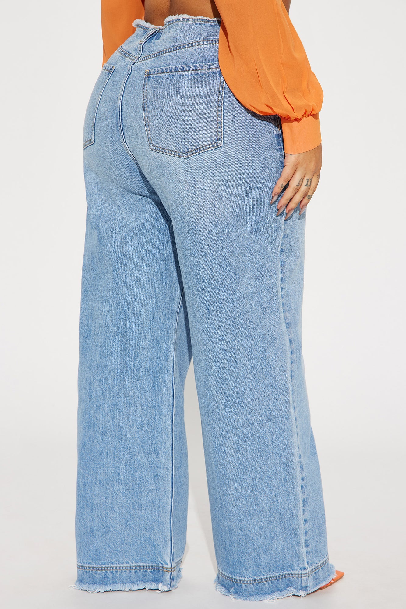 In Your Dreams Cut Off Waistband Baggy Jean - Medium Wash