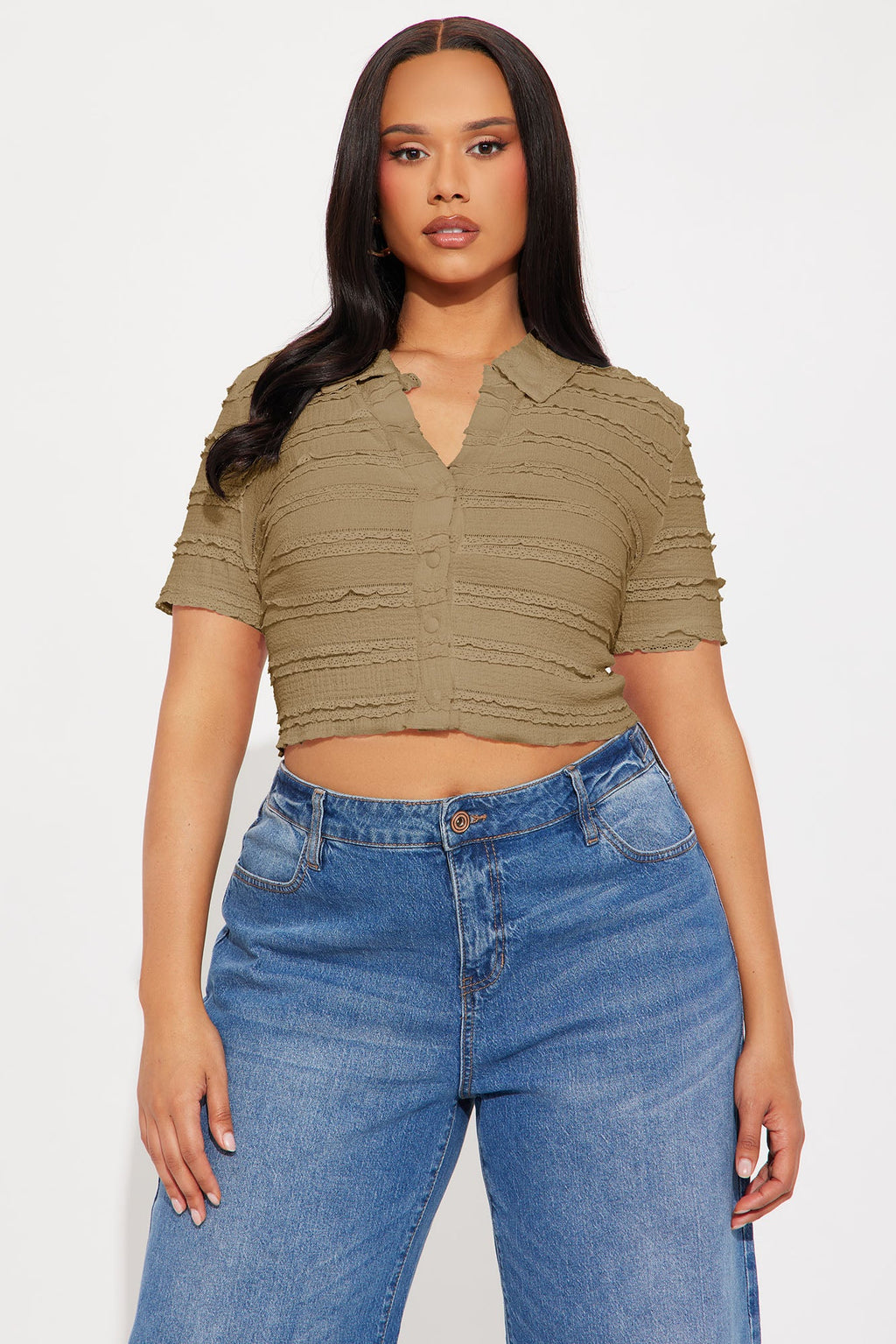 Don't Ruffle My Vibe Short Sleeve Collar Top - Olive