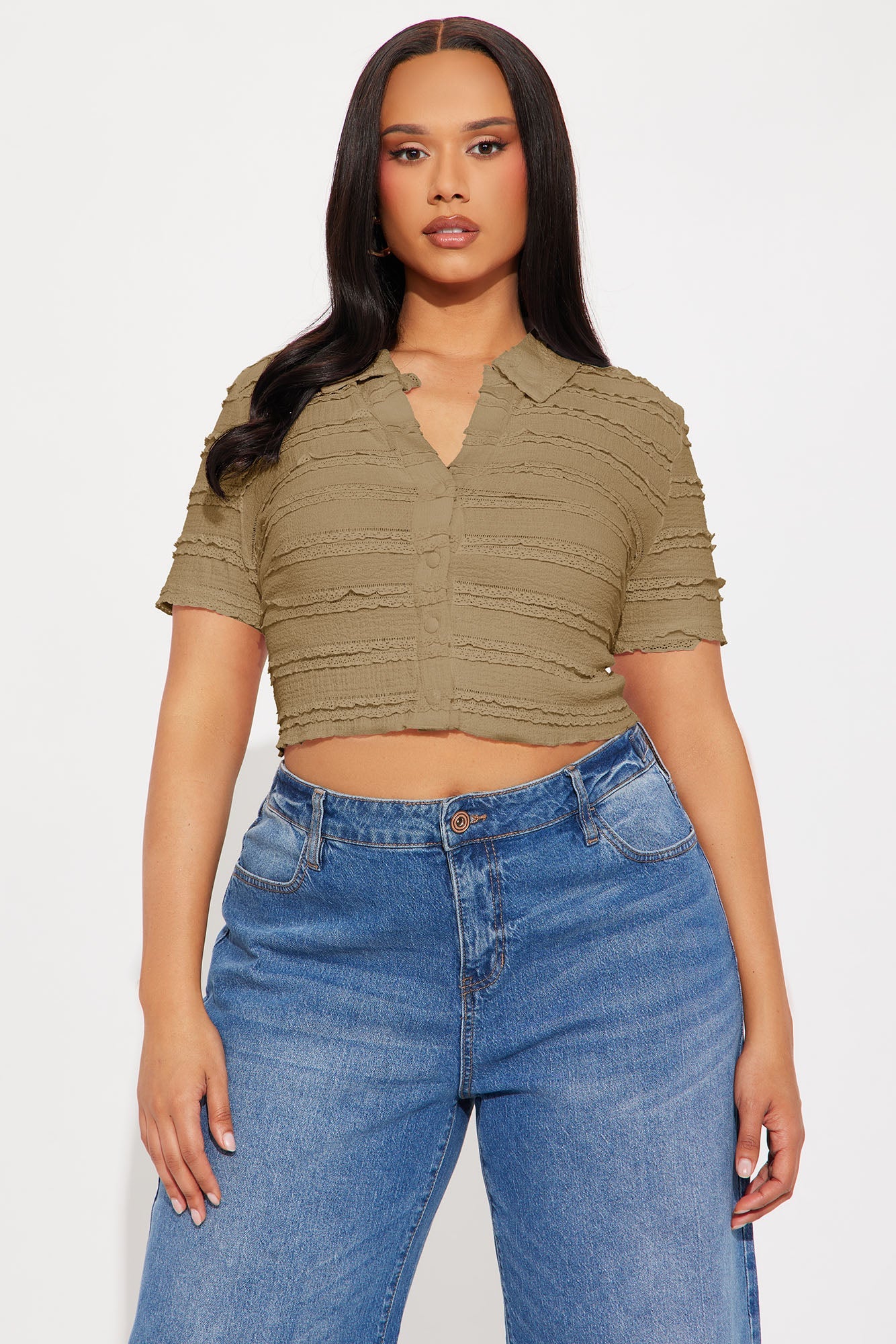 Don't Ruffle My Vibe Short Sleeve Collar Top - Olive