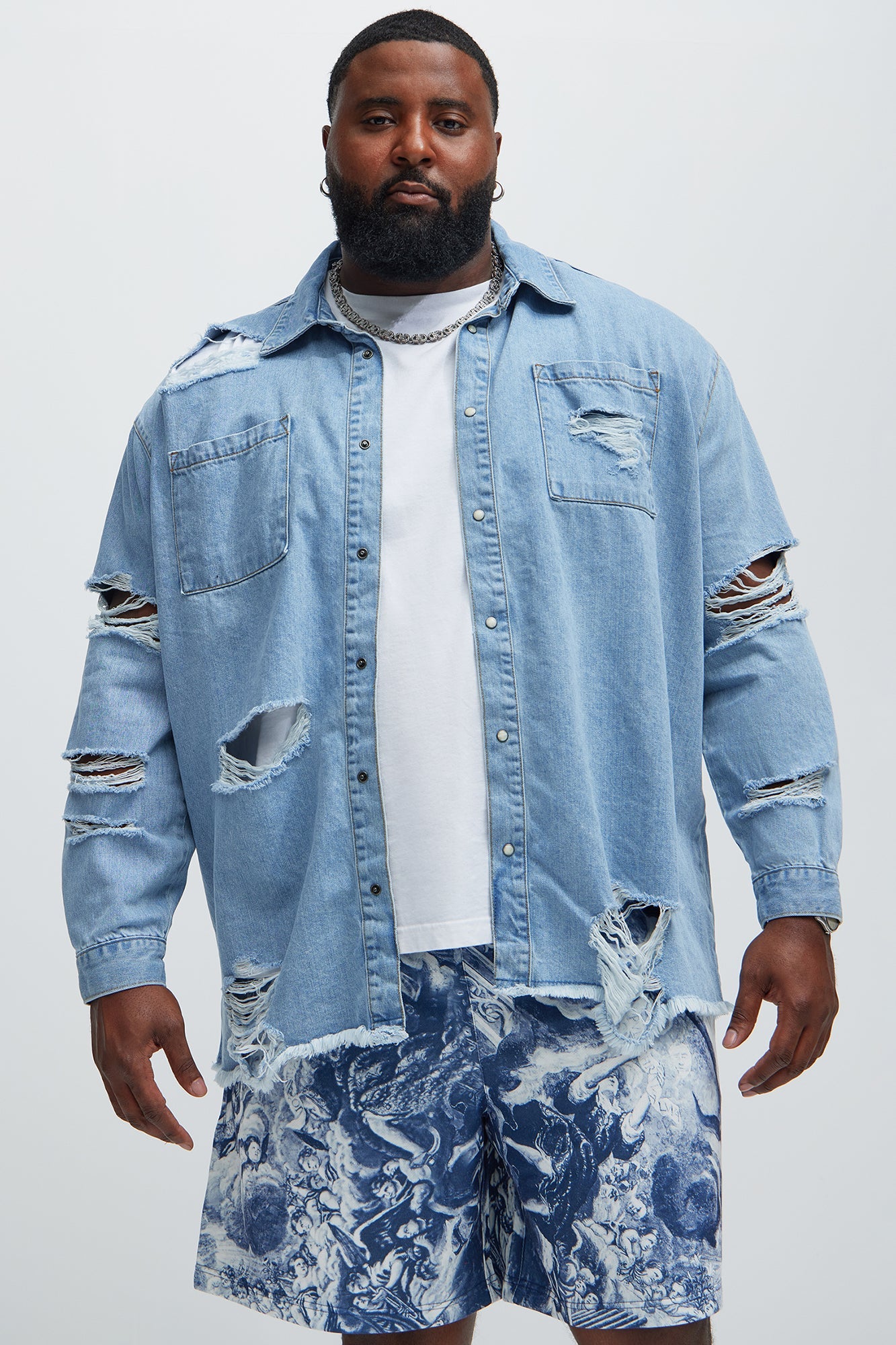 Essential Distressed Denim Woven Top - Light Wash