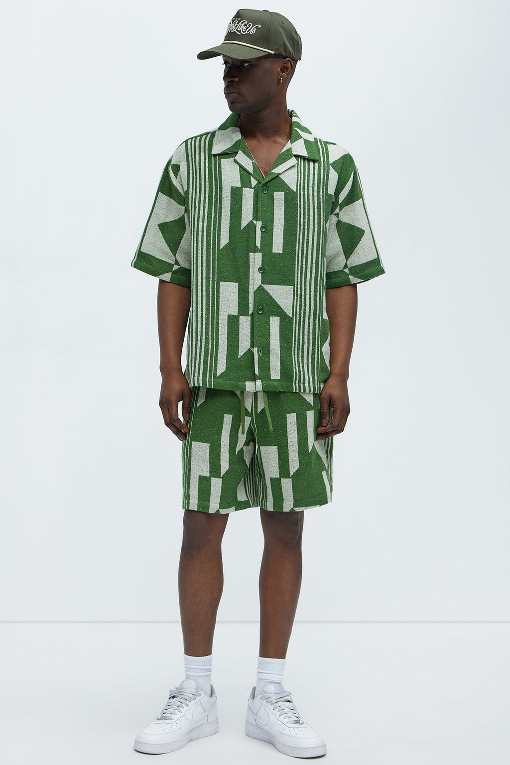 Abstract Cuban Collar Button Down Shirt - Olive/combo
