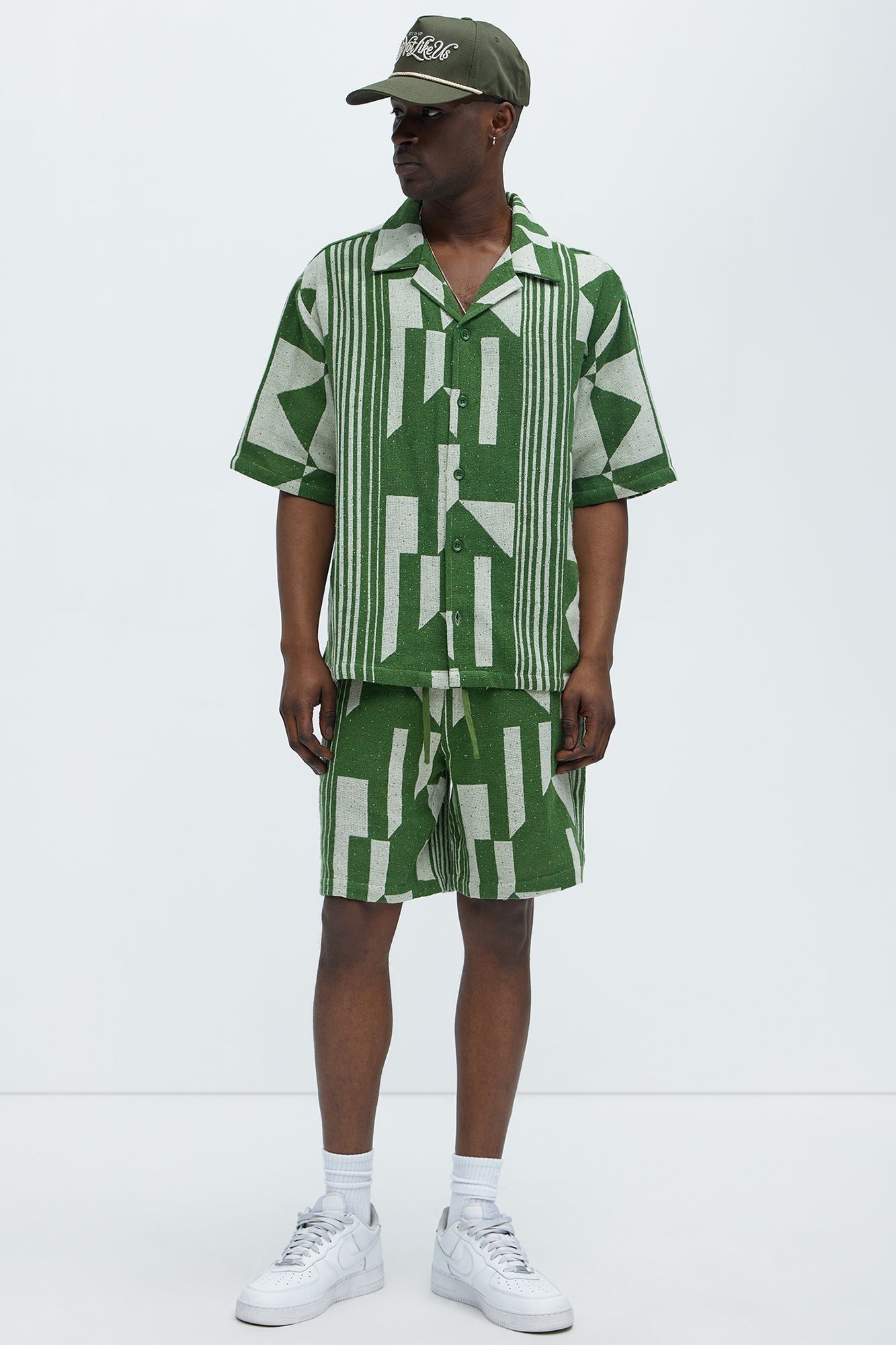 Abstract Cuban Collar Button Down Shirt - Olive/combo