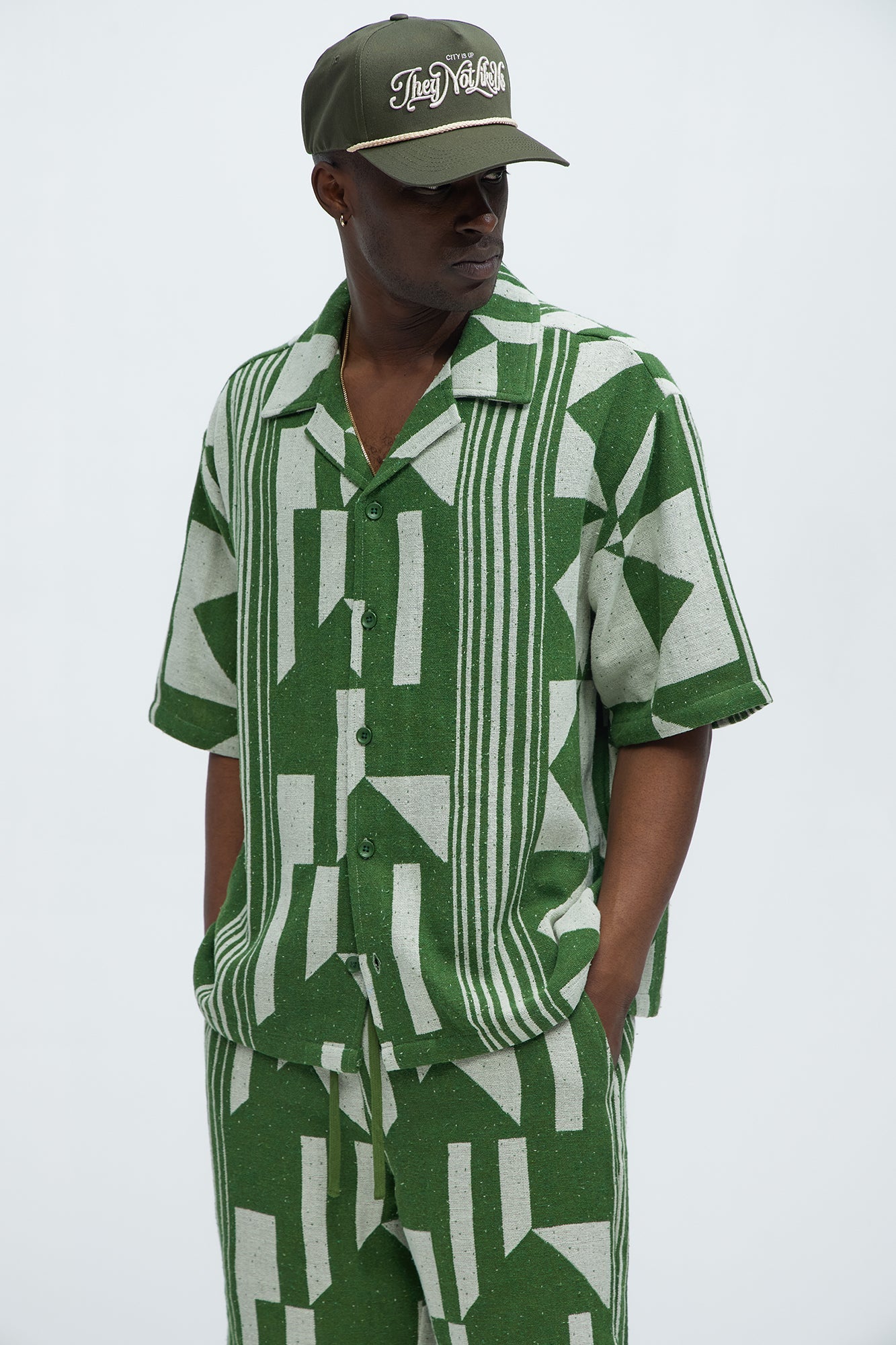 Abstract Cuban Collar Button Down Shirt - Olive/combo