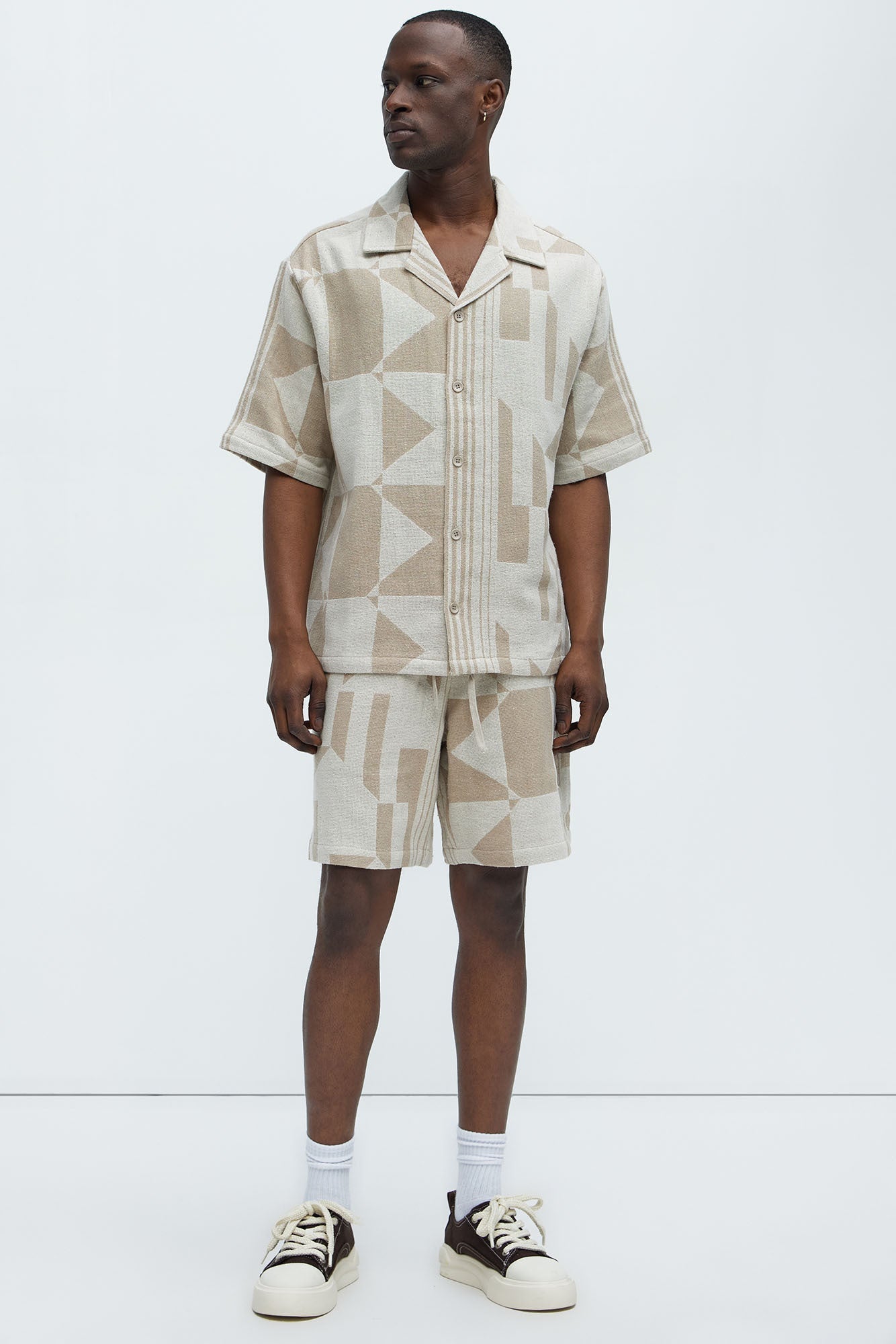 Abstract Cuban Collar Button Down Shirt - Cream/combo