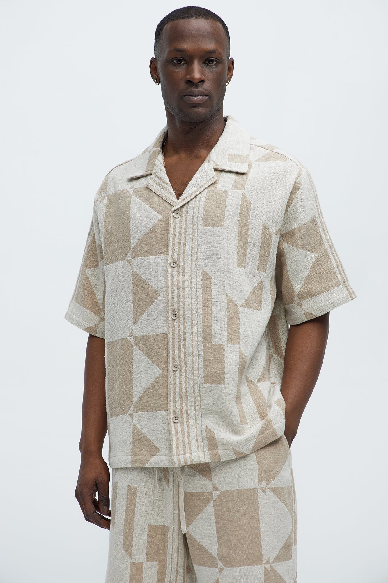 Abstract Cuban Collar Button Down Shirt - Cream/combo