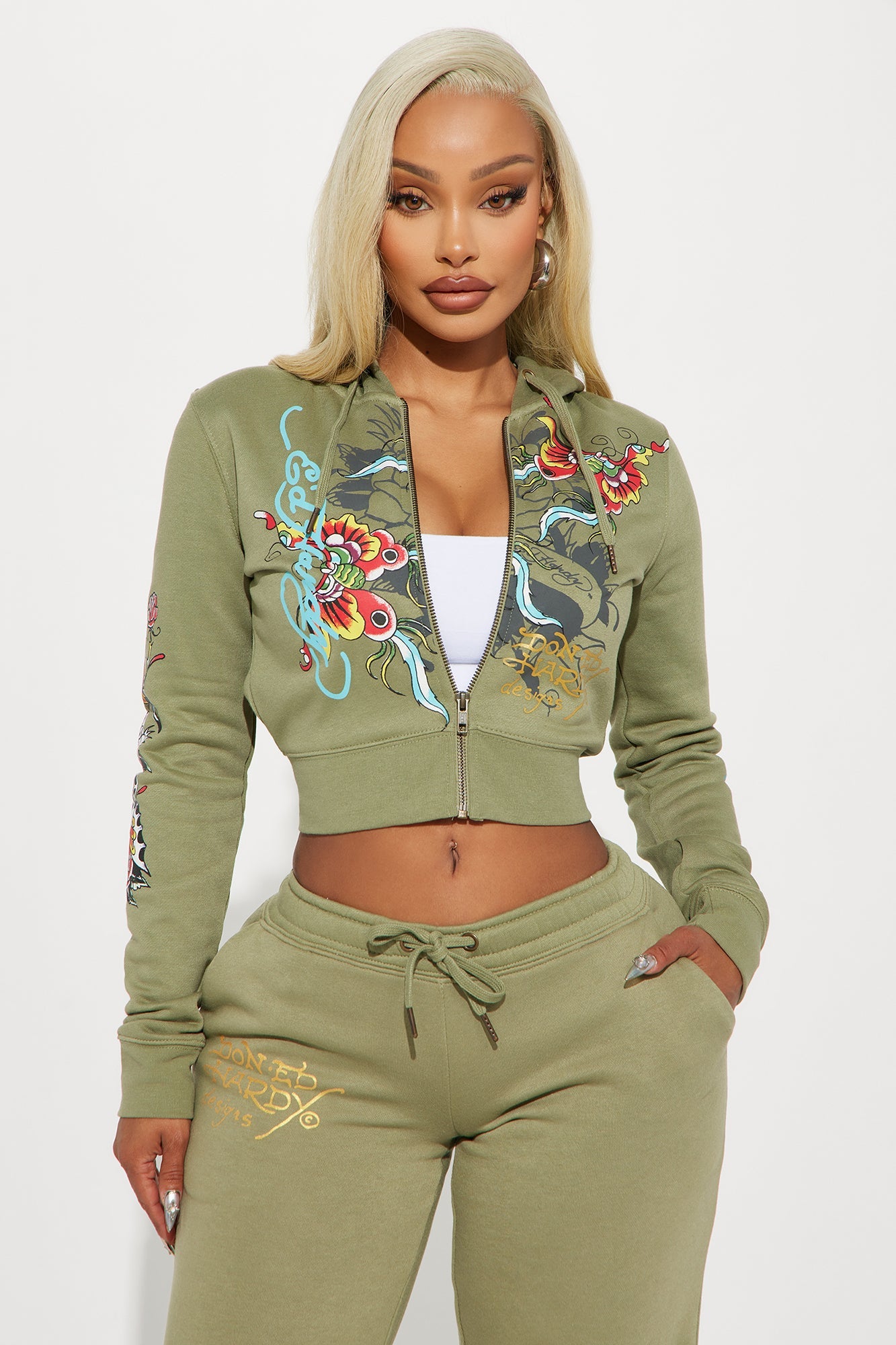 Ed Hardy Butterfly Zip Front Hoodie - Sage