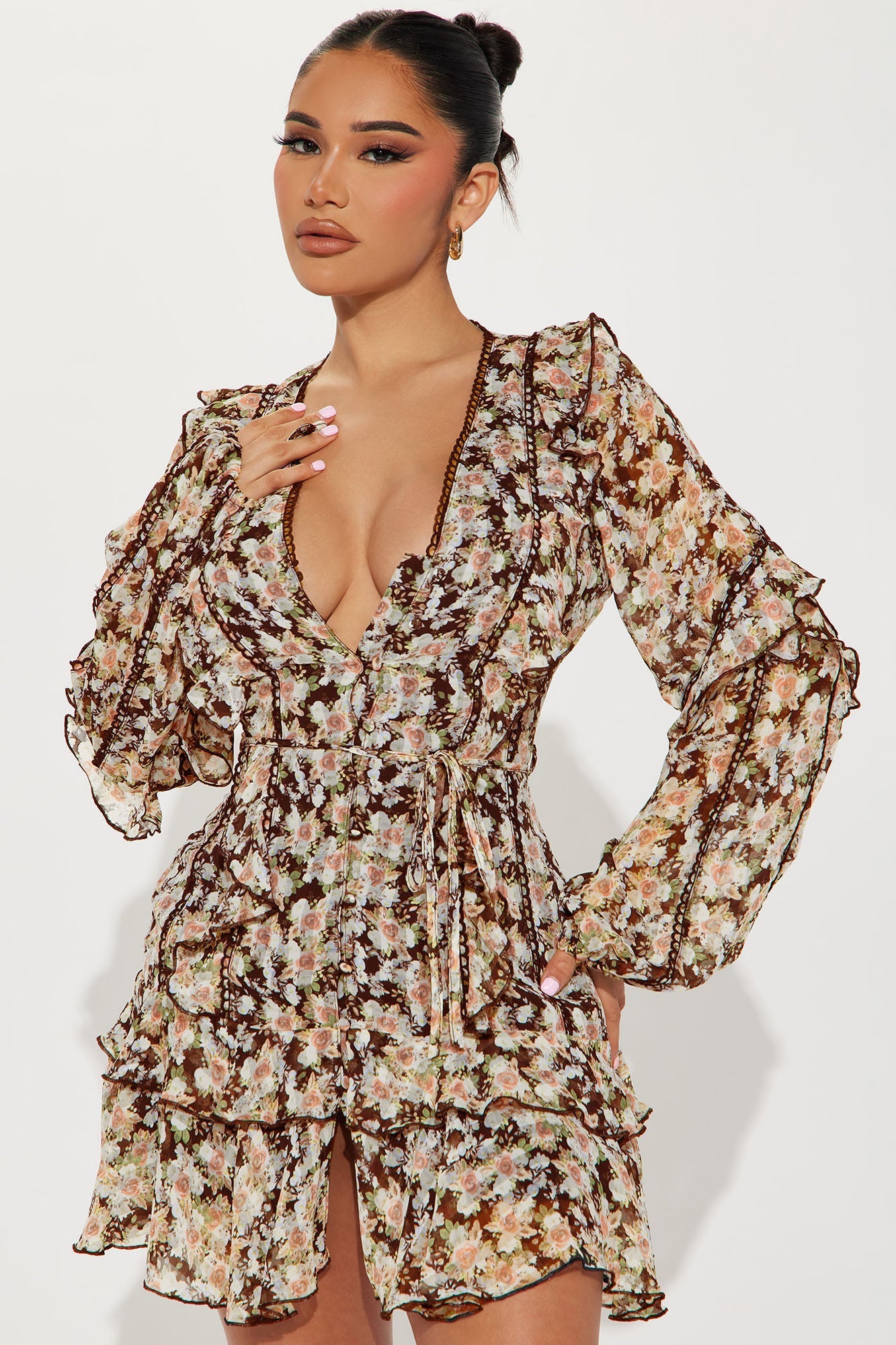 Edith Ruffle Mini Dress - Brown/combo