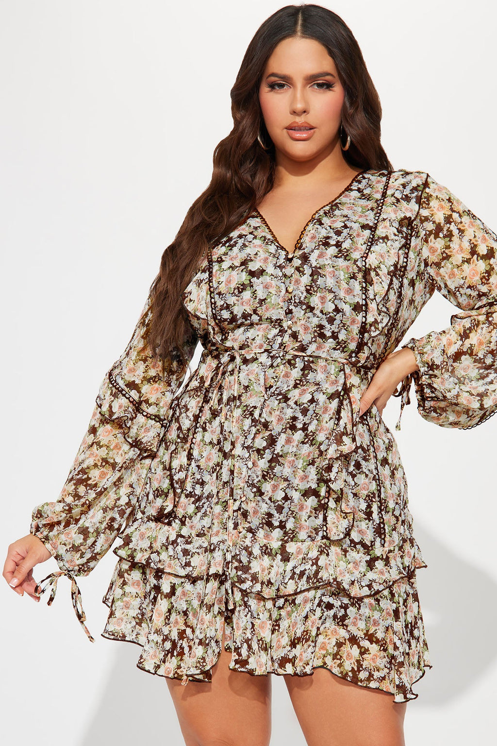 Edith Ruffle Mini Dress - Brown/combo