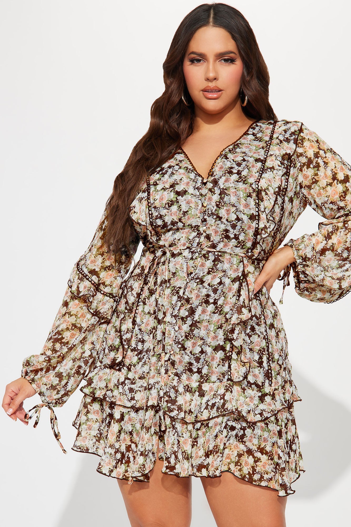 Edith Ruffle Mini Dress - Brown/combo