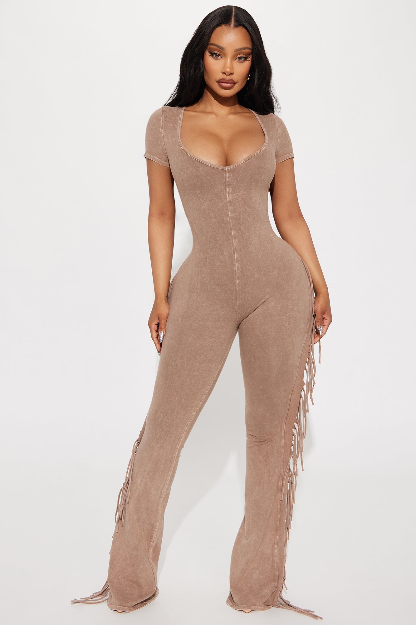 Carry Me Higher Fringe Jumpsuit - Mocha