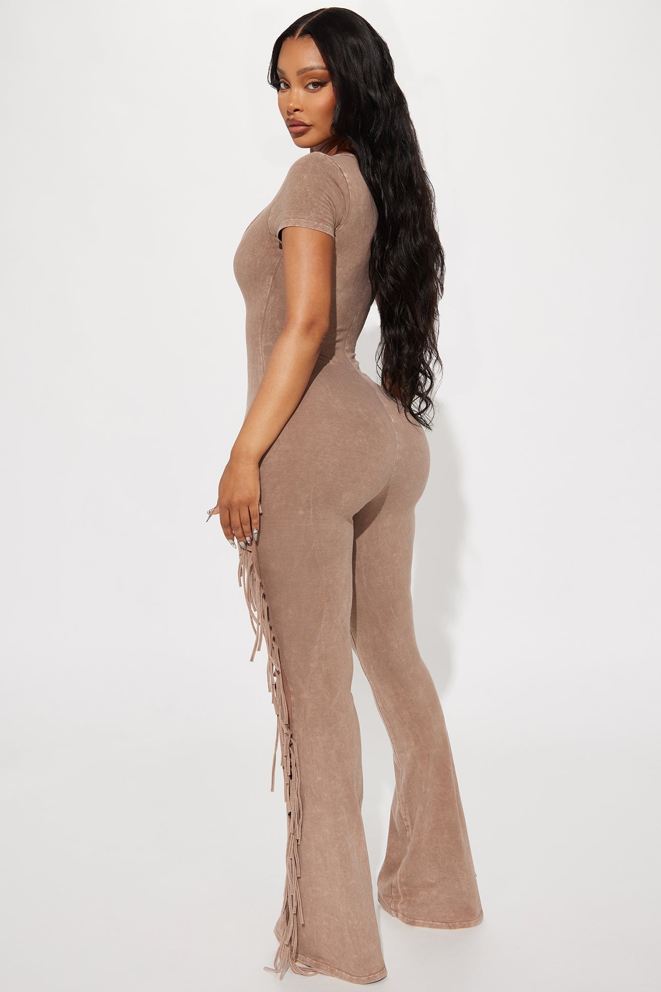 Carry Me Higher Fringe Jumpsuit - Mocha