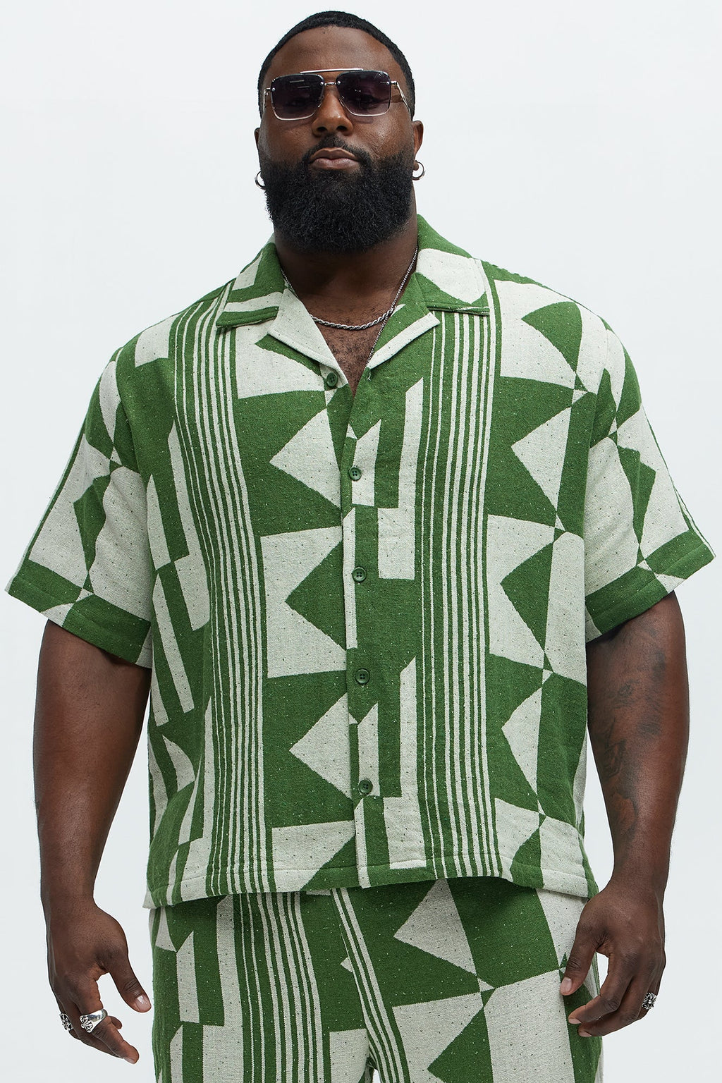 Abstract Cuban Collar Button Down Shirt - Olive/combo