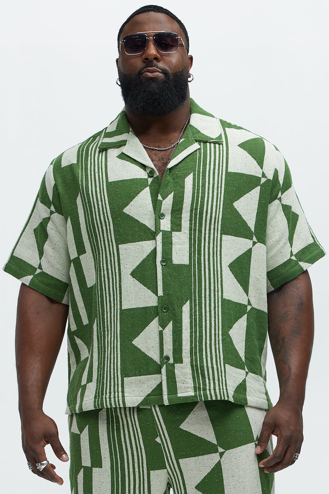 Abstract Cuban Collar Button Down Shirt - Olive/combo