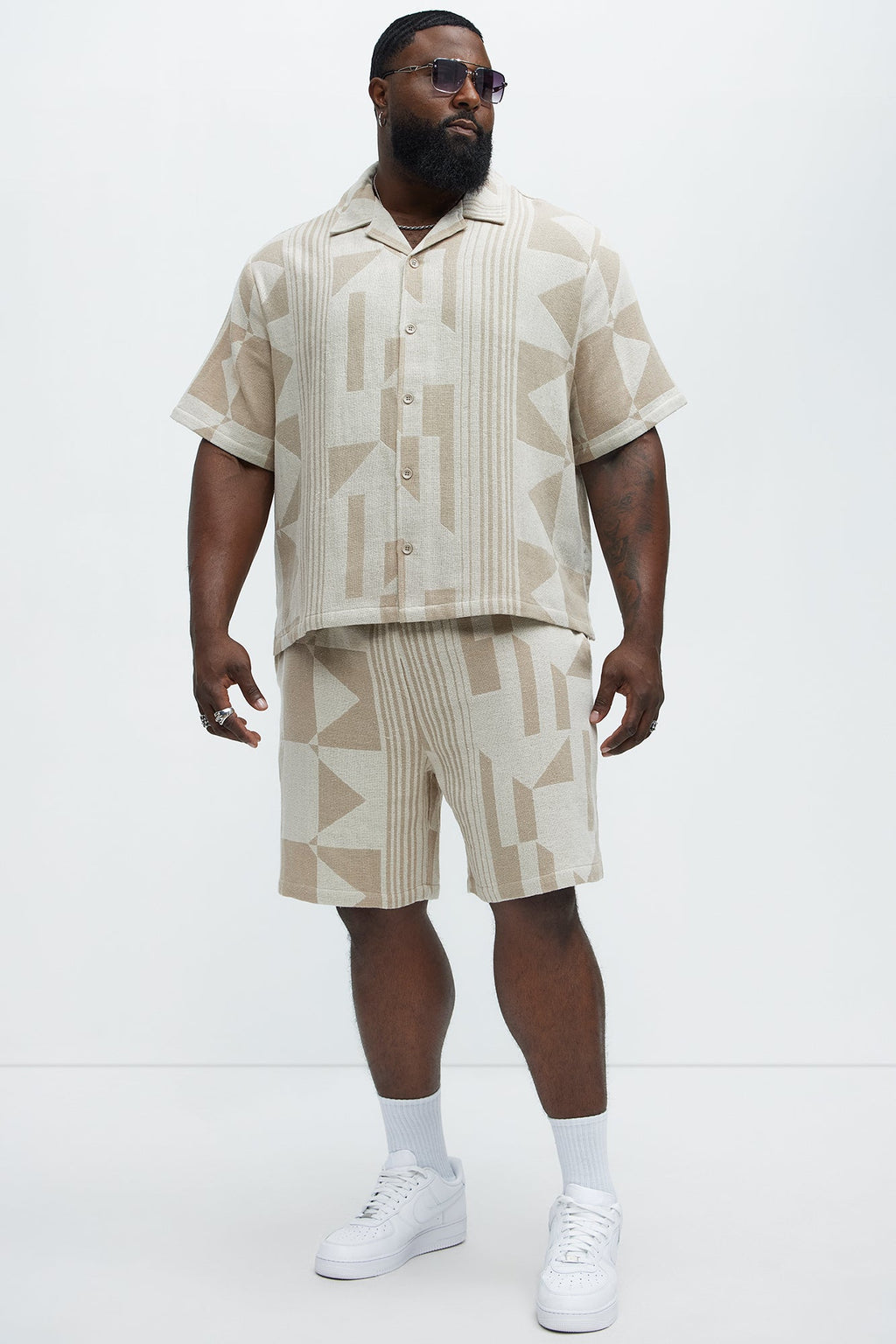 Abstract Cuban Collar Button Down Shirt - Cream/combo