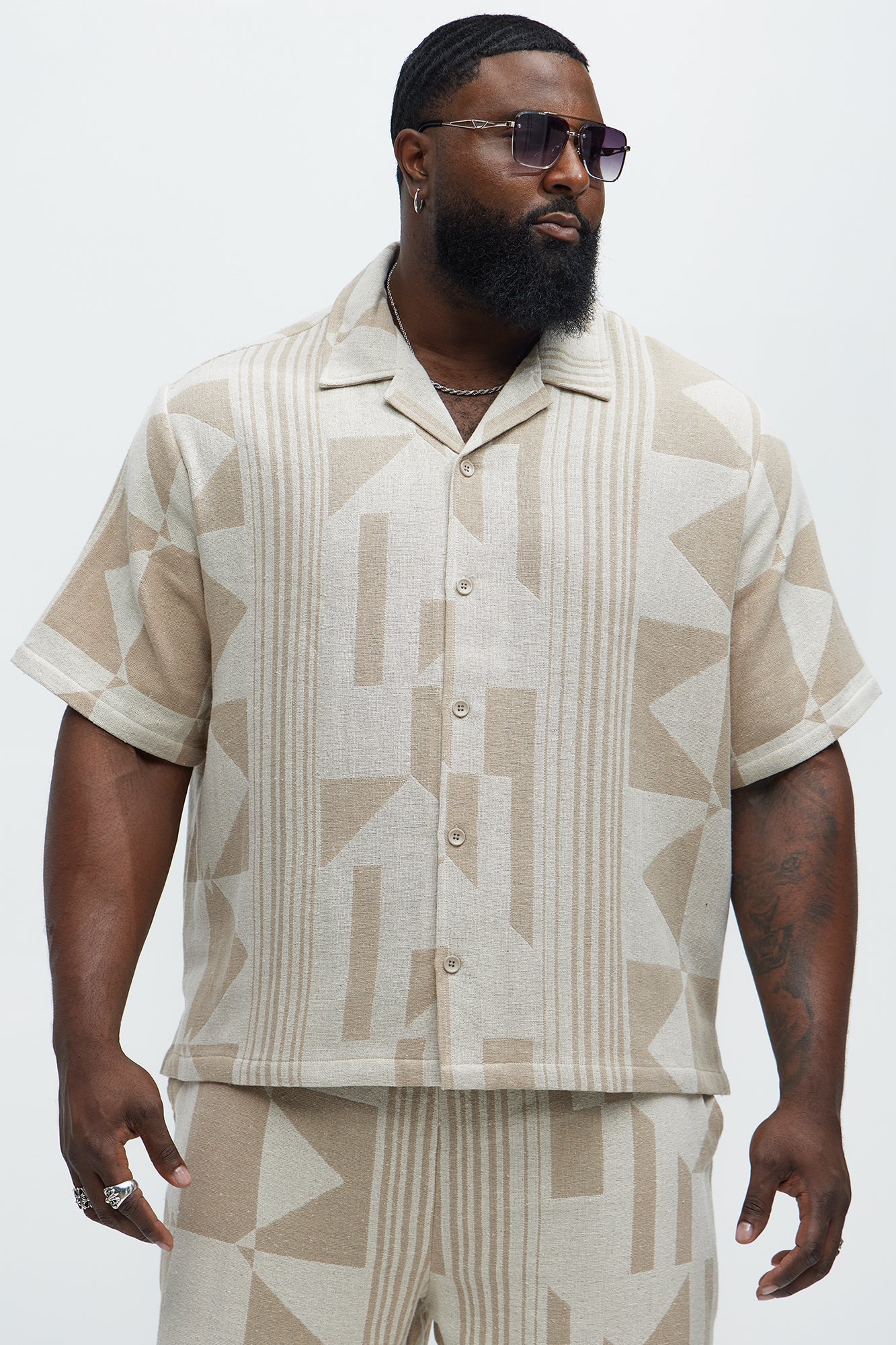Abstract Cuban Collar Button Down Shirt - Cream/combo