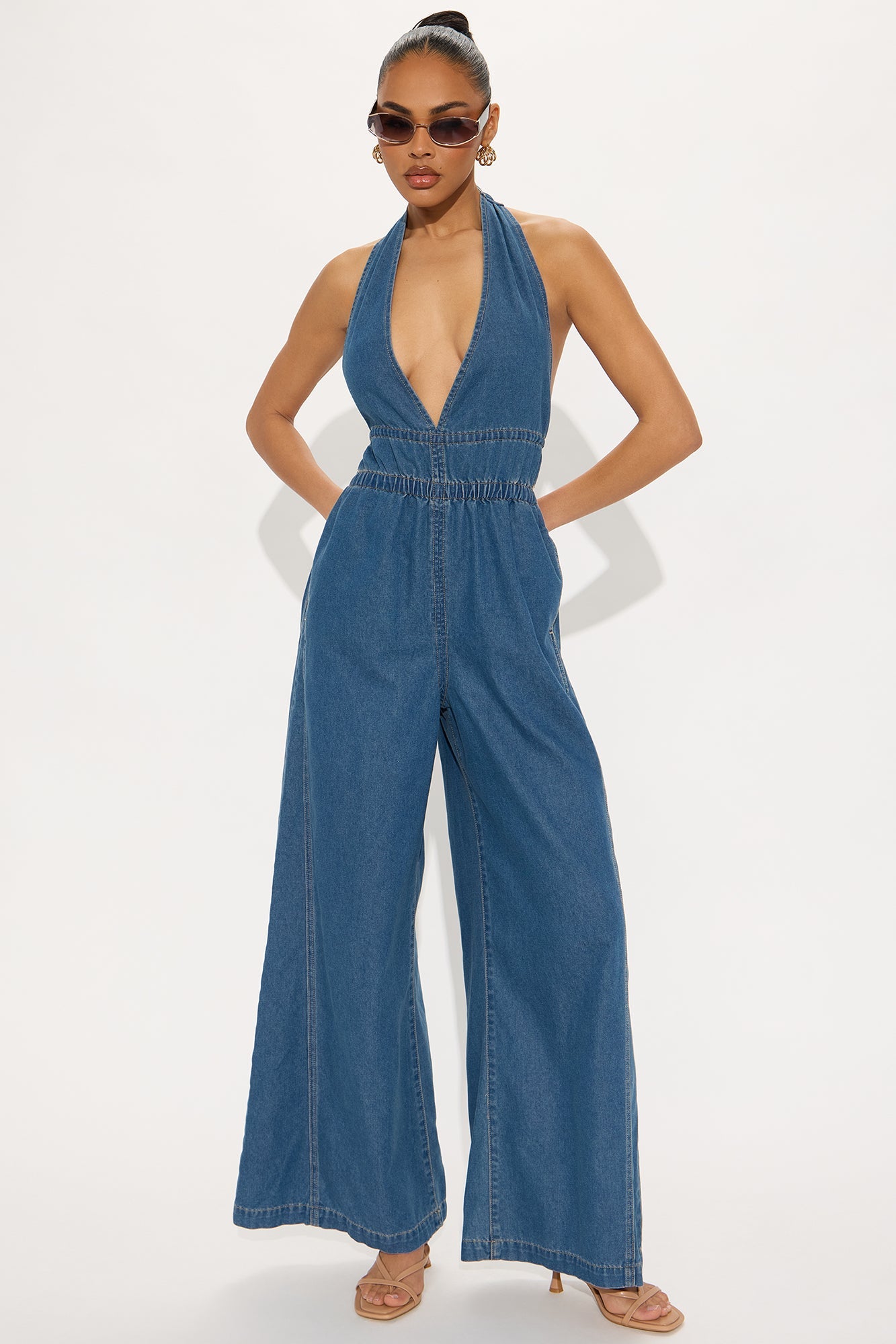 Natalia Denim Wide Leg Jumpsuit - Medium Wash