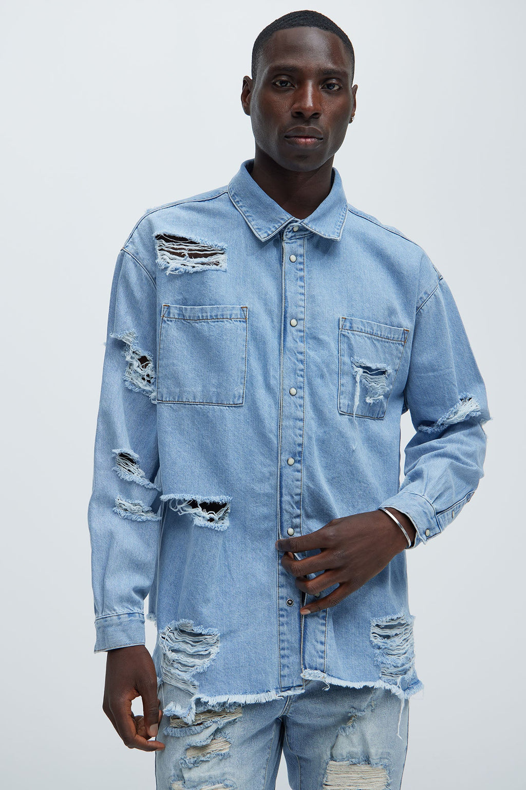 Essential Distressed Denim Woven Top - Light Wash