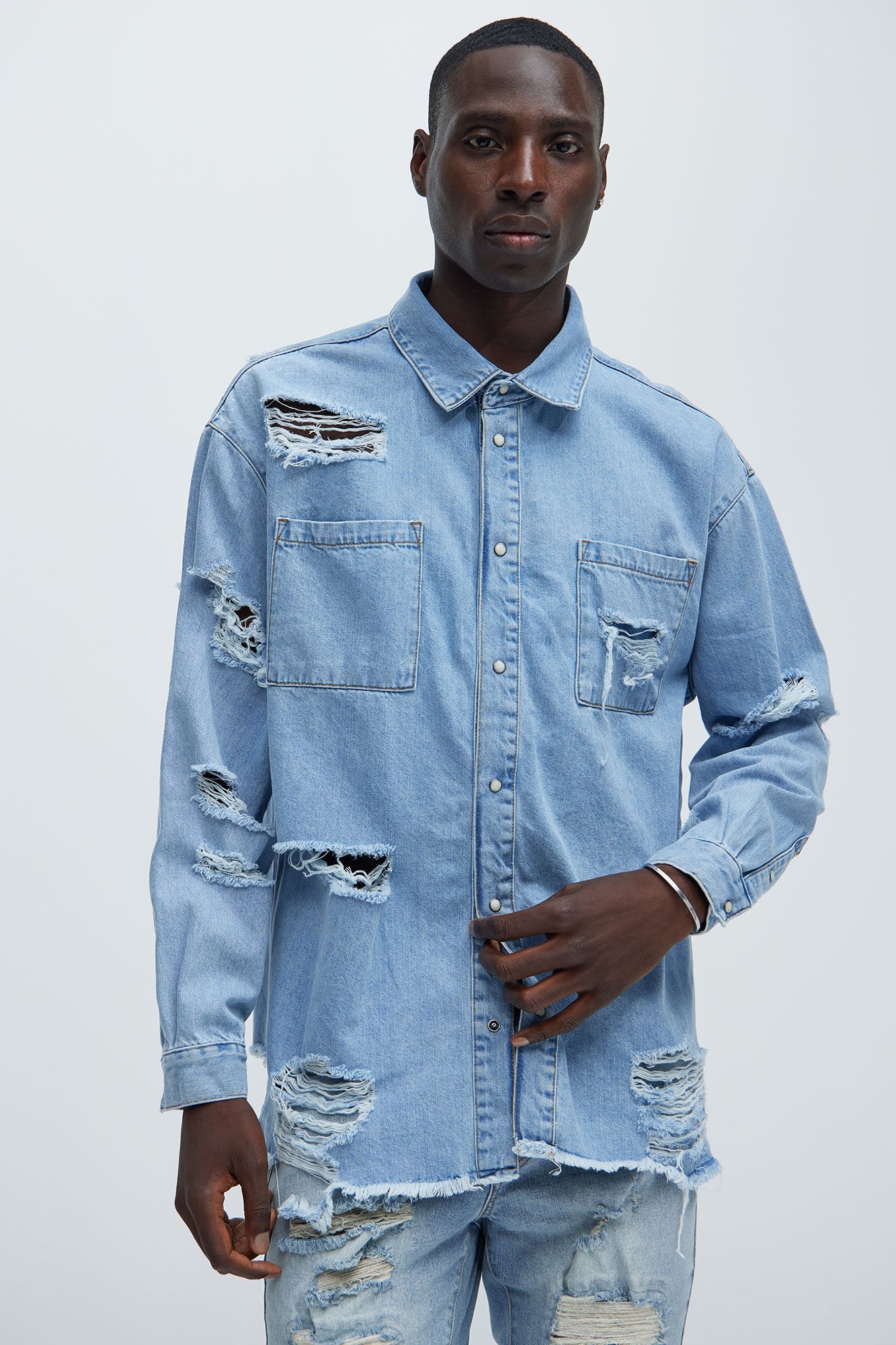Essential Distressed Denim Woven Top - Light Wash