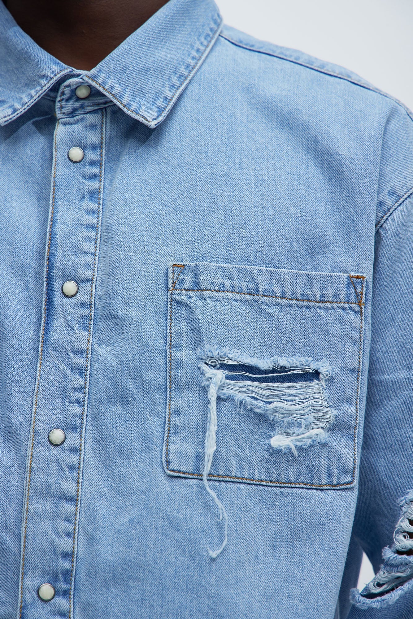 Essential Distressed Denim Woven Top - Light Wash