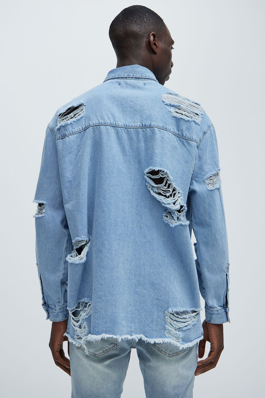 Essential Distressed Denim Woven Top - Light Wash