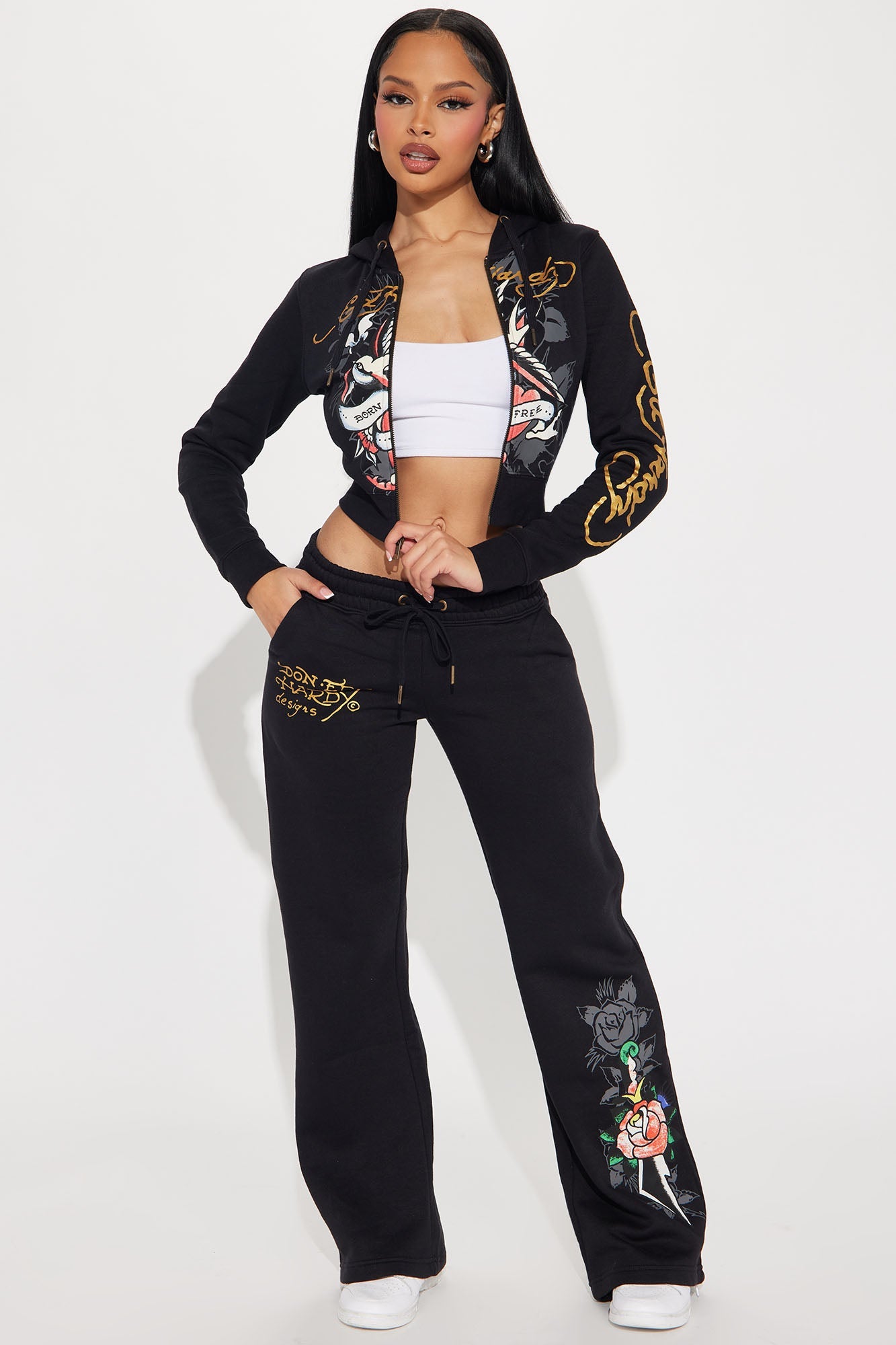 Ed Hardy Swallow Bird Zip Front Hoodie - Black
