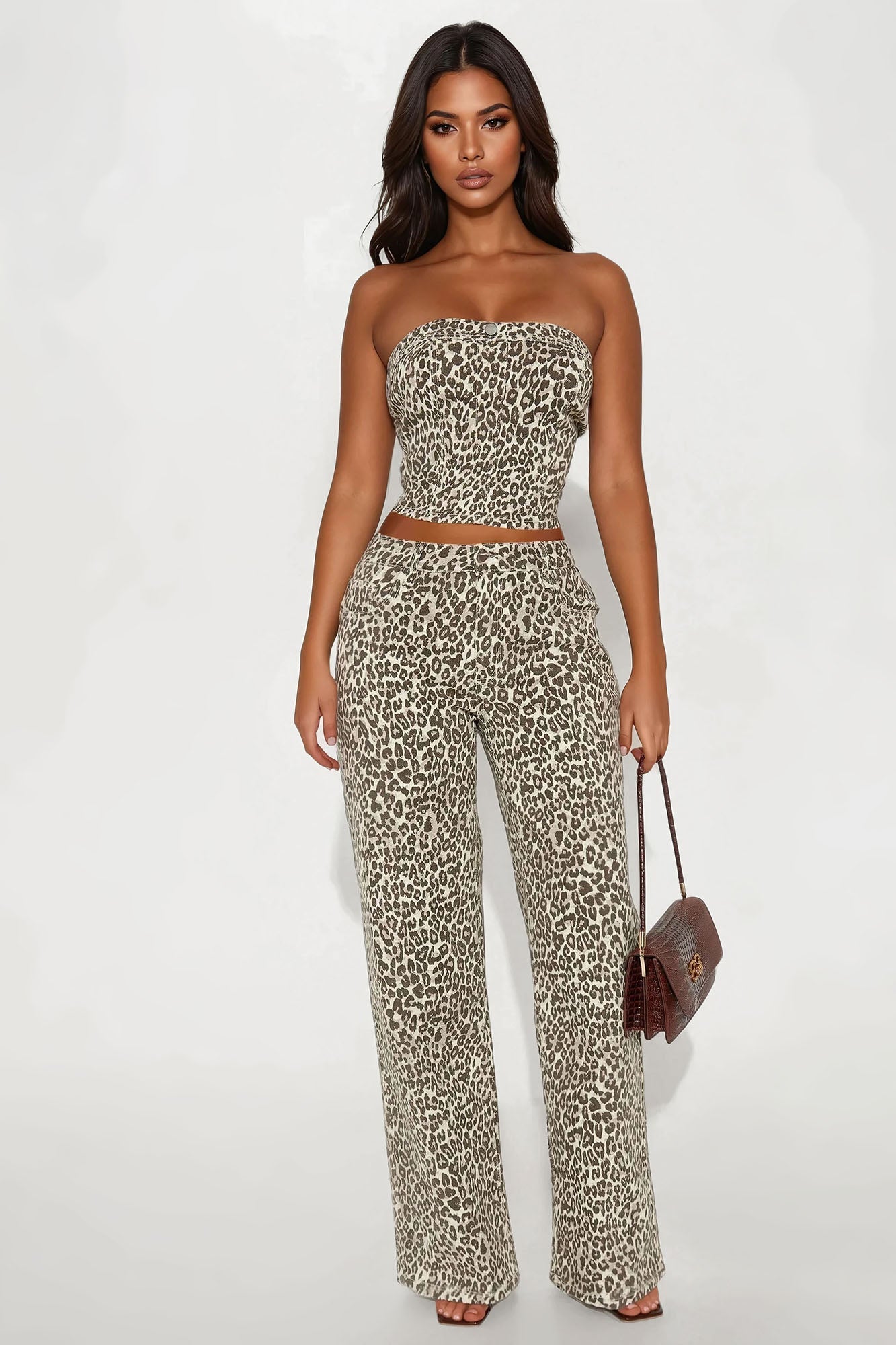 Wild Instincts Denim Leopard Pant Set - Leopard