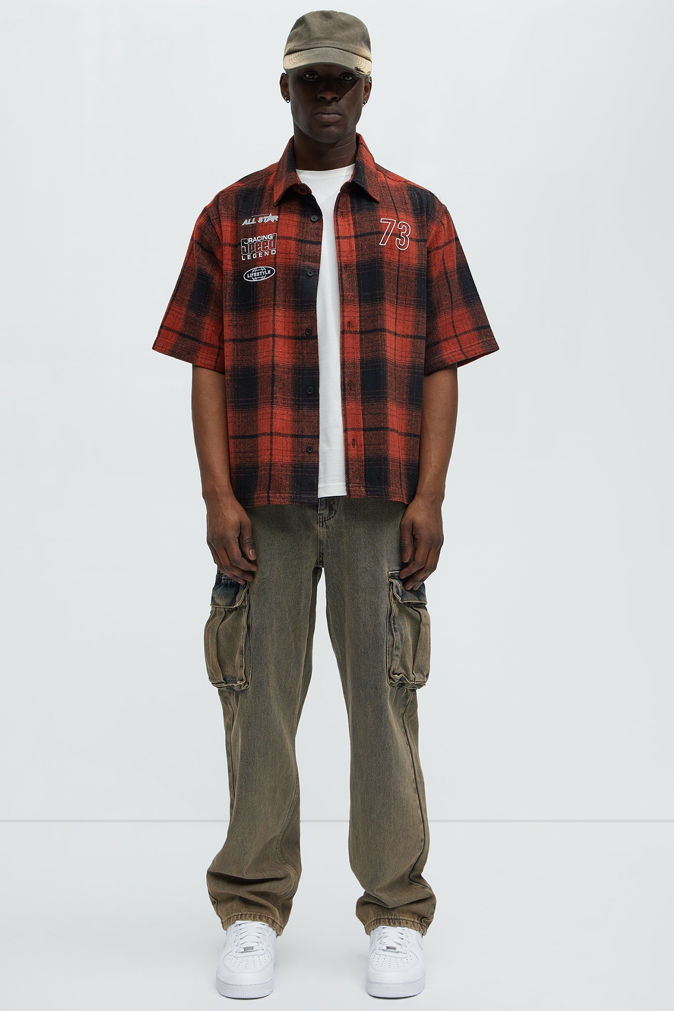 All Star Plaid Button Down Cropped Short Sleeve Shirt - Orange/combo