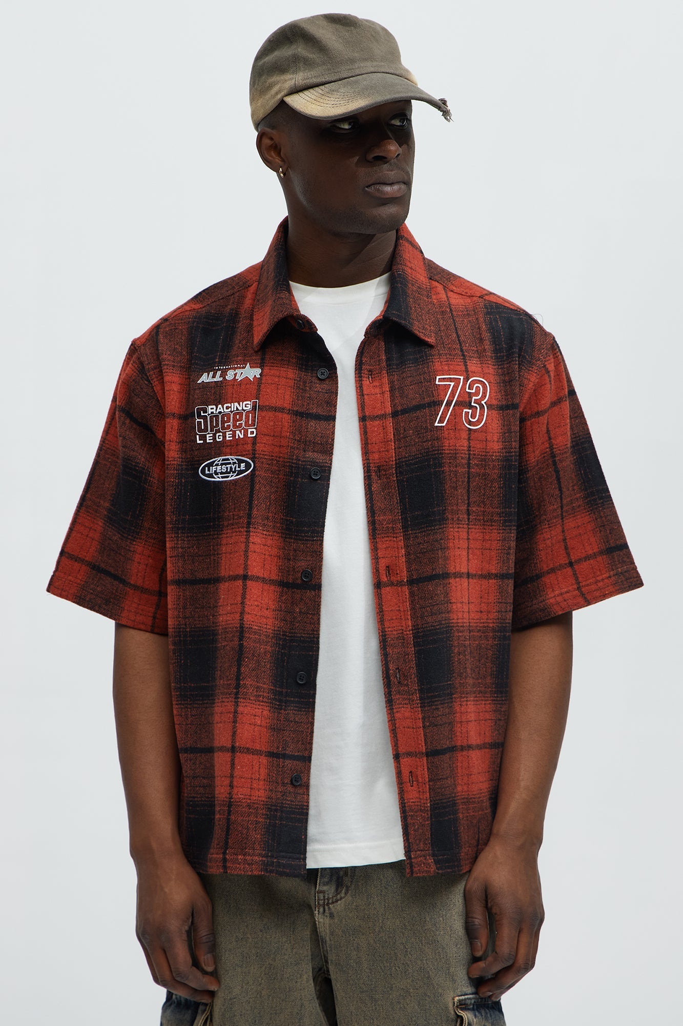 All Star Plaid Button Down Cropped Short Sleeve Shirt - Orange/combo