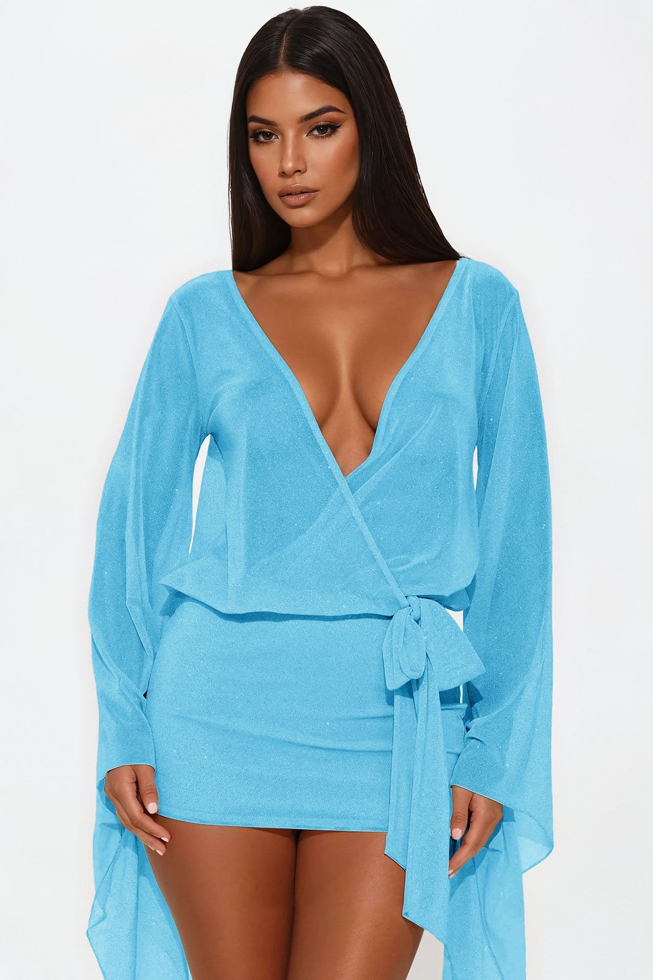 Gordana Glitter Mesh Mini Dress - Teal