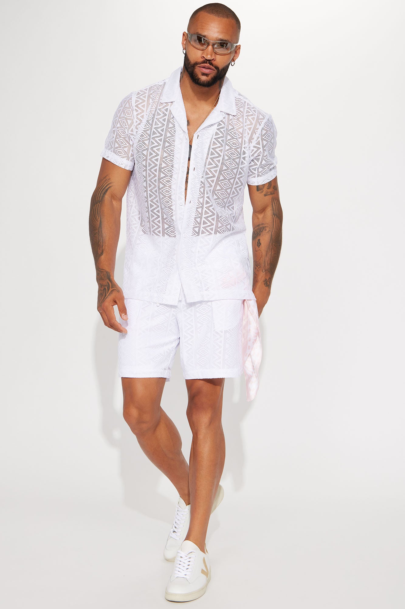 Diagonal Crochet Pattern Shorts - White