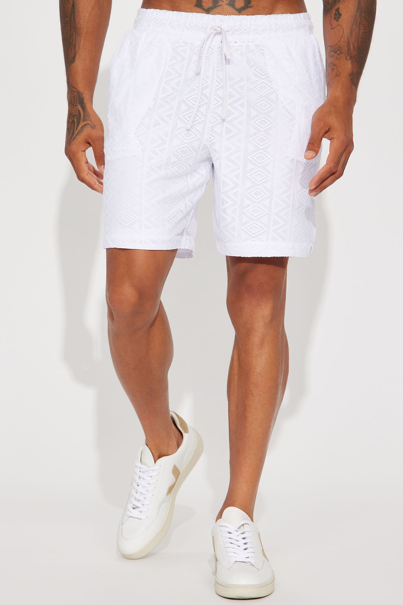 Diagonal Crochet Pattern Shorts - White