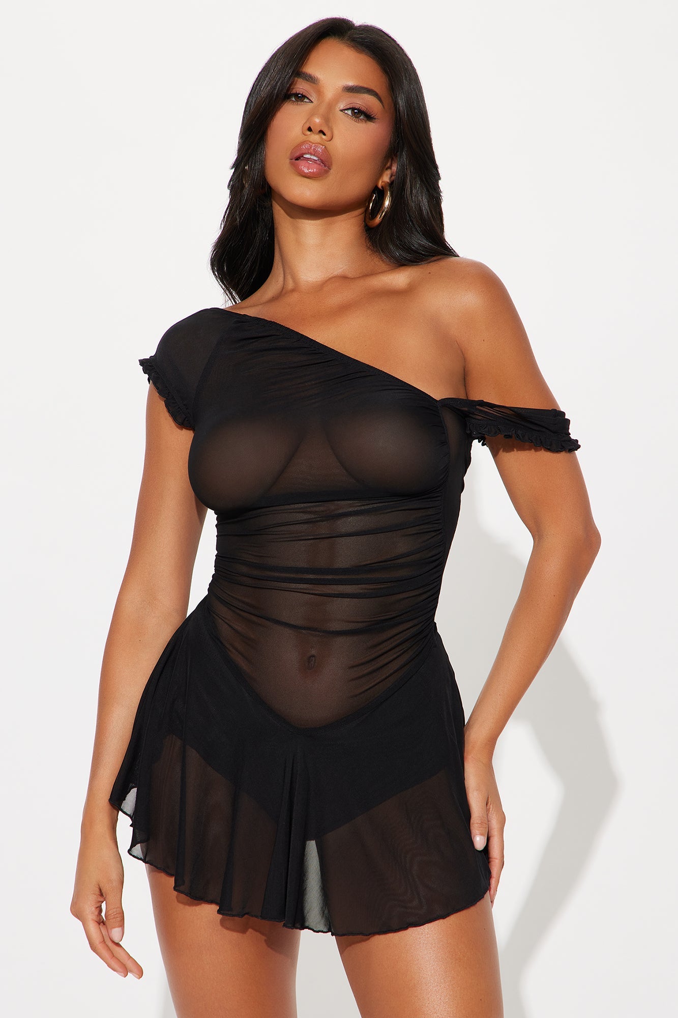 Santina Sheer Mesh Micro Mini Dress - Black