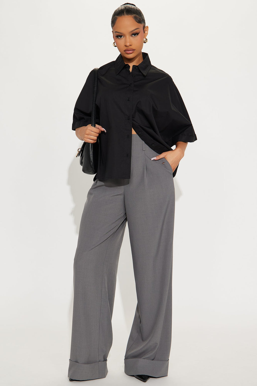 Kiah Cuffed Wide Leg Trouser - Grey