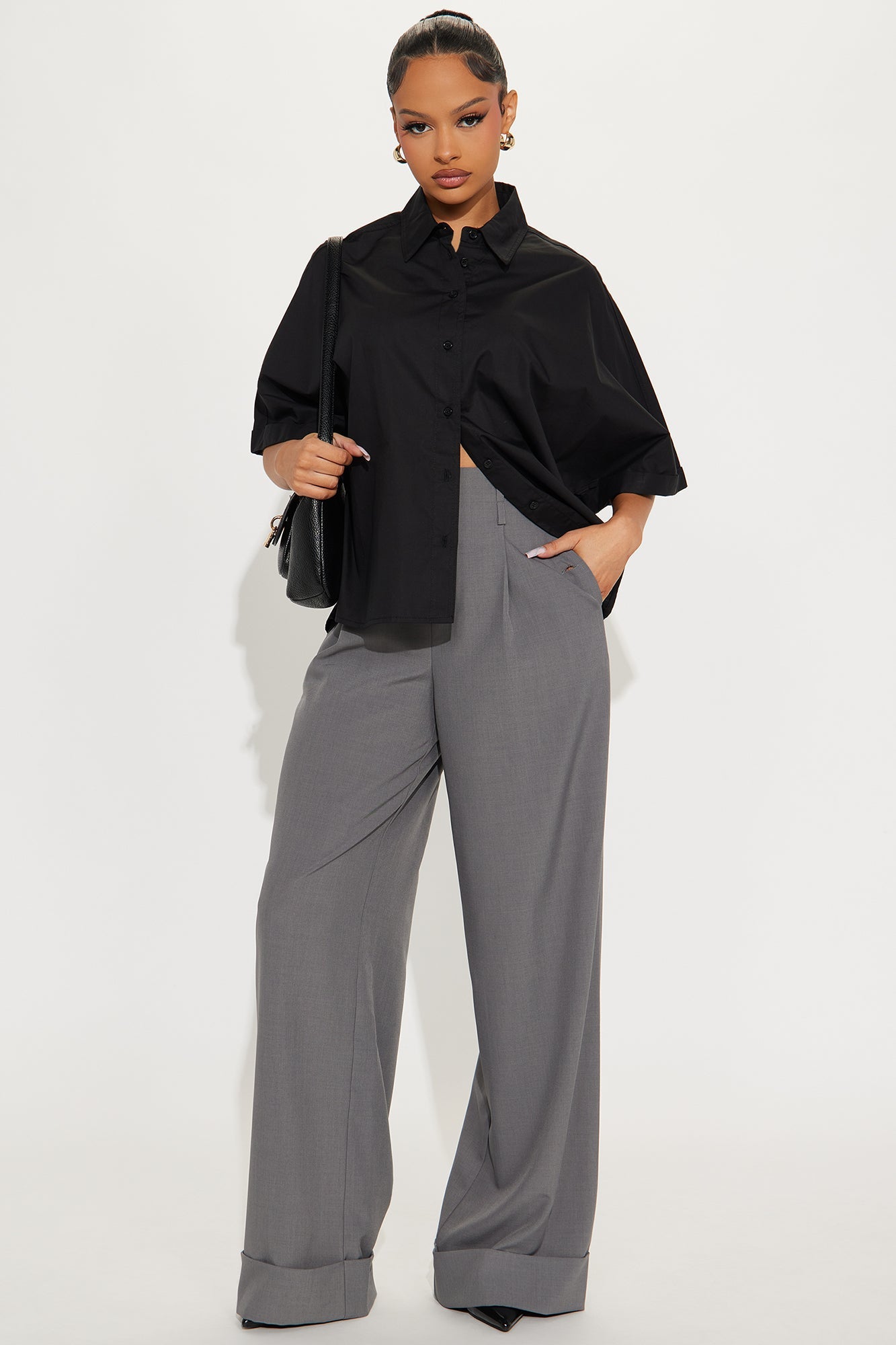 Kiah Cuffed Wide Leg Trouser - Grey