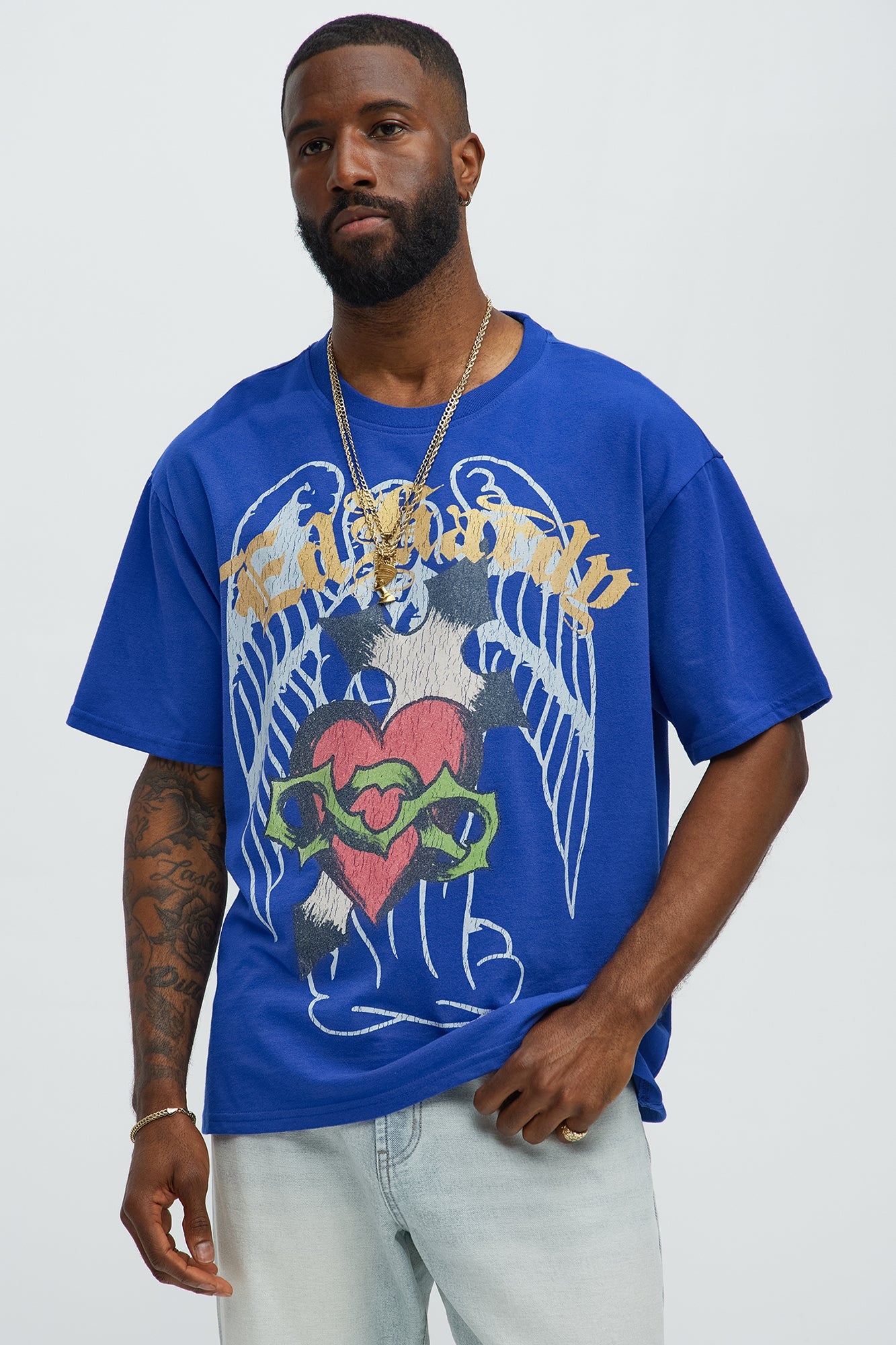 Ed Hardy Scared Heart Oversized Short Sleeve Tee - CobaltBlue