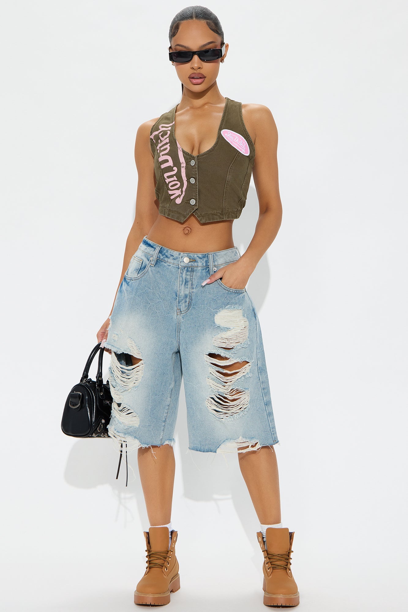 Von Dutch Patchwork Cropped Denim Vest - Olive