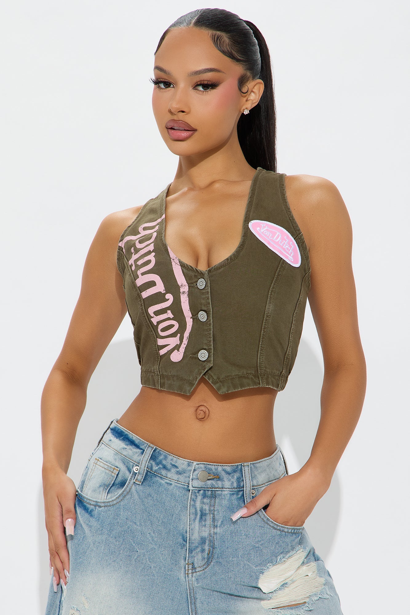 Von Dutch Patchwork Cropped Denim Vest - Olive