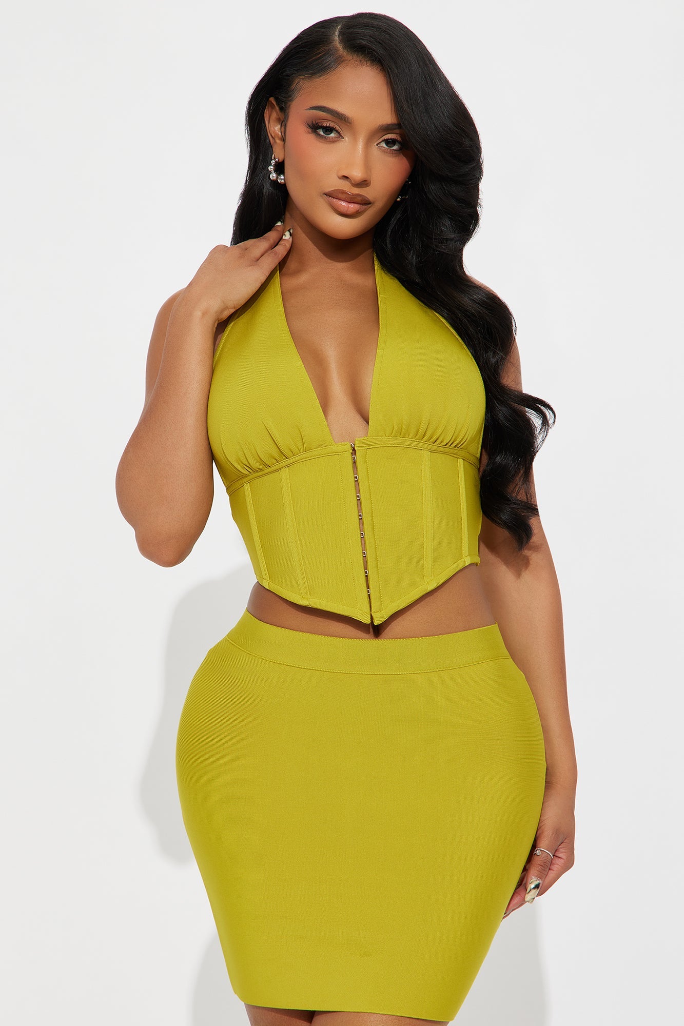 Bella Bandage Corset Mini Skirt Set - Chartreuse