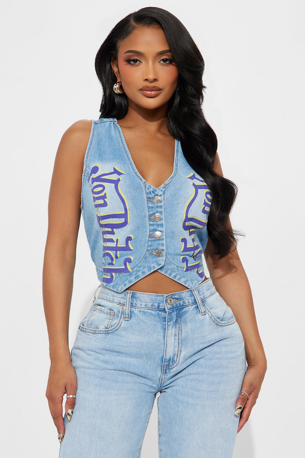 Von Dutch Eyeball Patchwork Denim Vest - Medium Wash