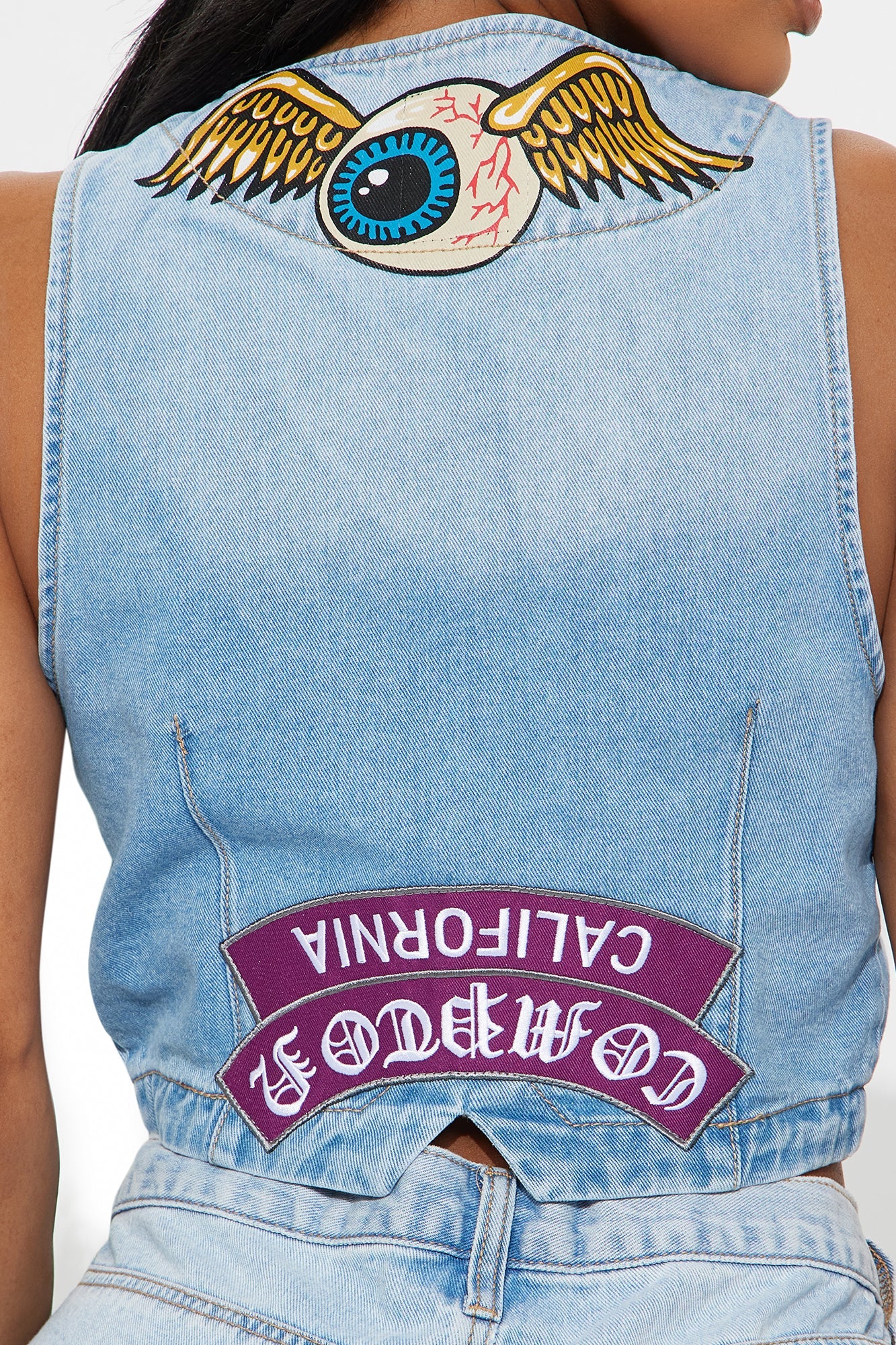 Von Dutch Eyeball Patchwork Denim Vest - Medium Wash