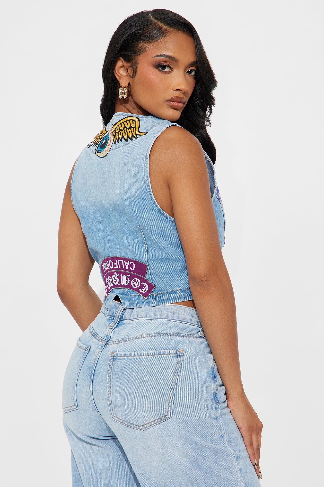 Von Dutch Eyeball Patchwork Denim Vest - Medium Wash