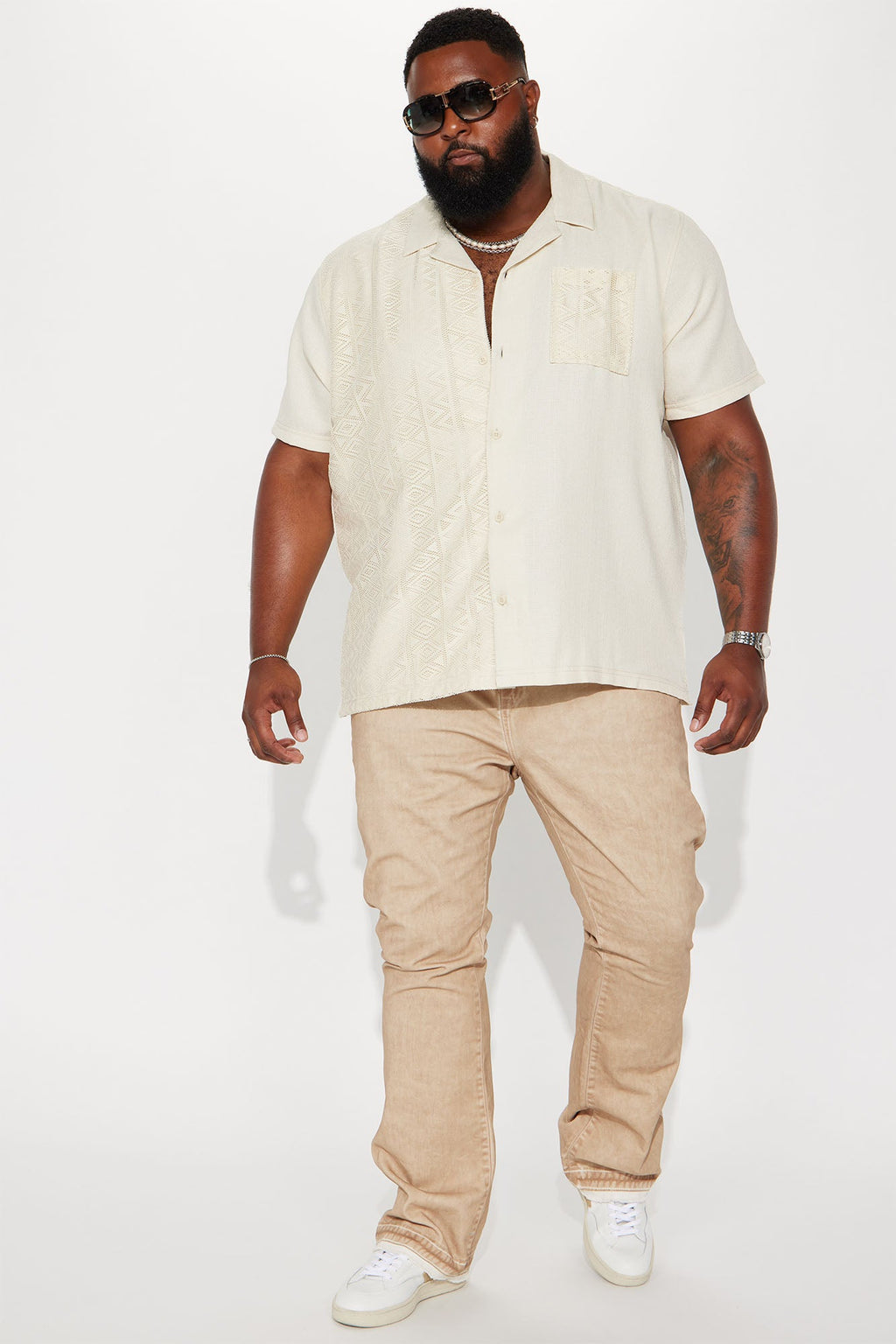 Half Crochet Pattern Short Sleeve Button Up Shirt - Cream