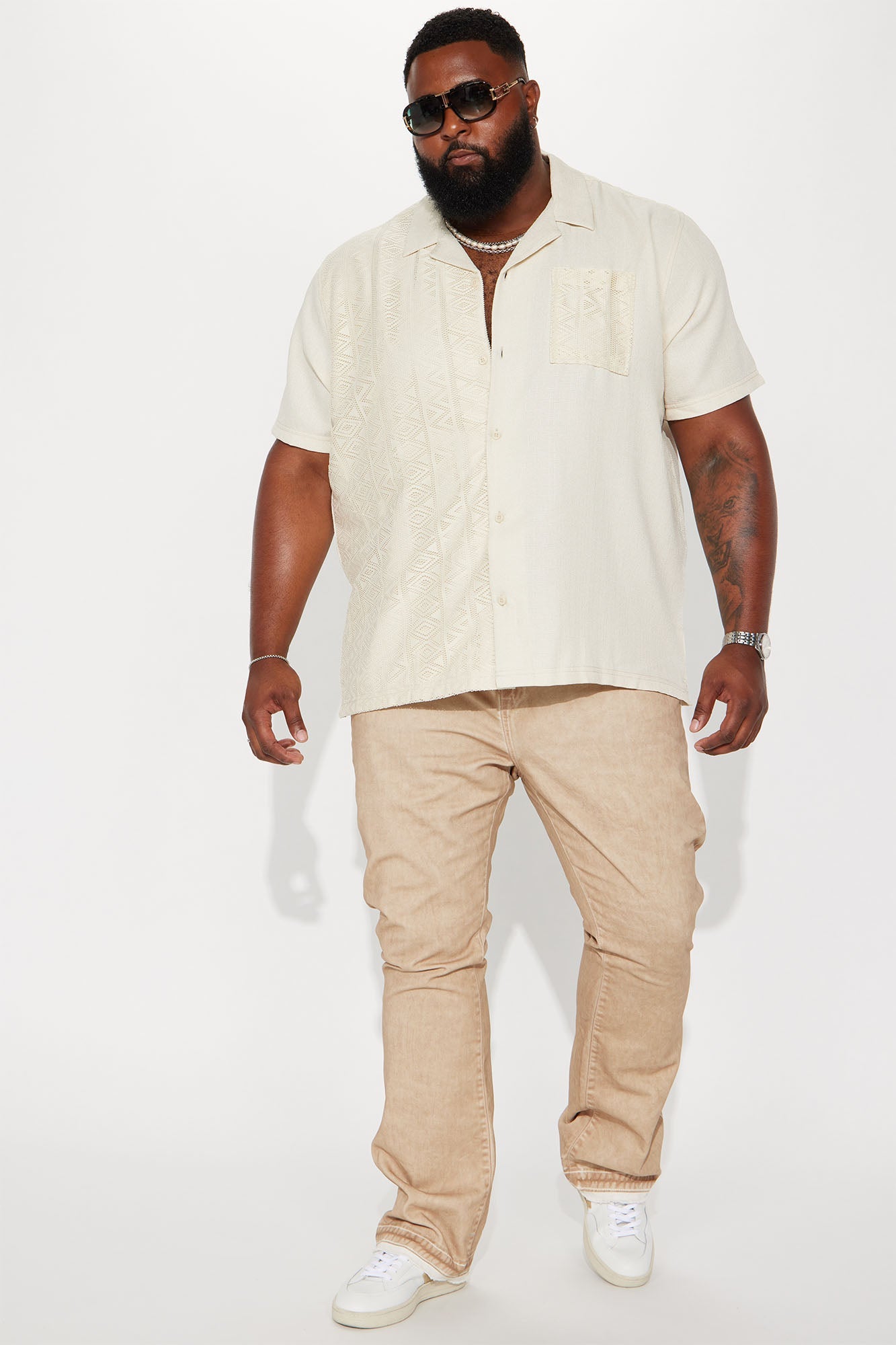 Half Crochet Pattern Short Sleeve Button Up Shirt - Cream