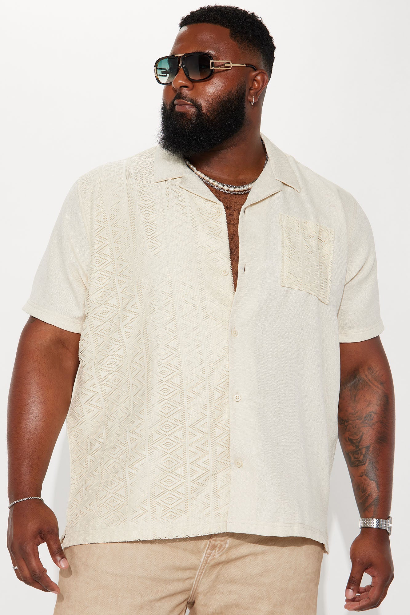 Half Crochet Pattern Short Sleeve Button Up Shirt - Cream